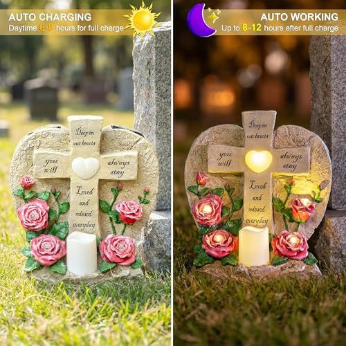 Memorial Garden Stone Cross with LED Lights – Sympathy Gift, Heart Rose Design