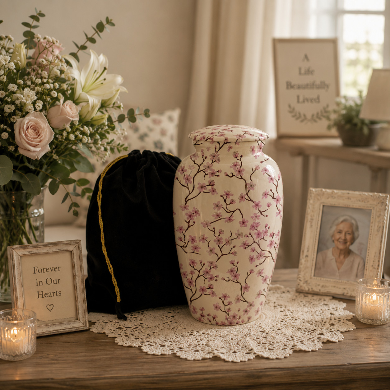 Large Adult Cremation Urn Cherry Blossom Design 190 Cu In Funeral Ashes Urns
