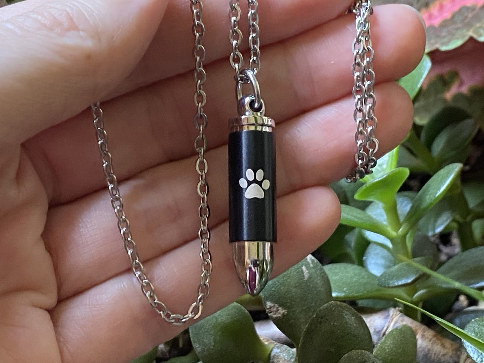 Mens Bullet Cremation Necklace Pendant Urn 4 Ashes SMALL VIAL Pet Paw Print Dog