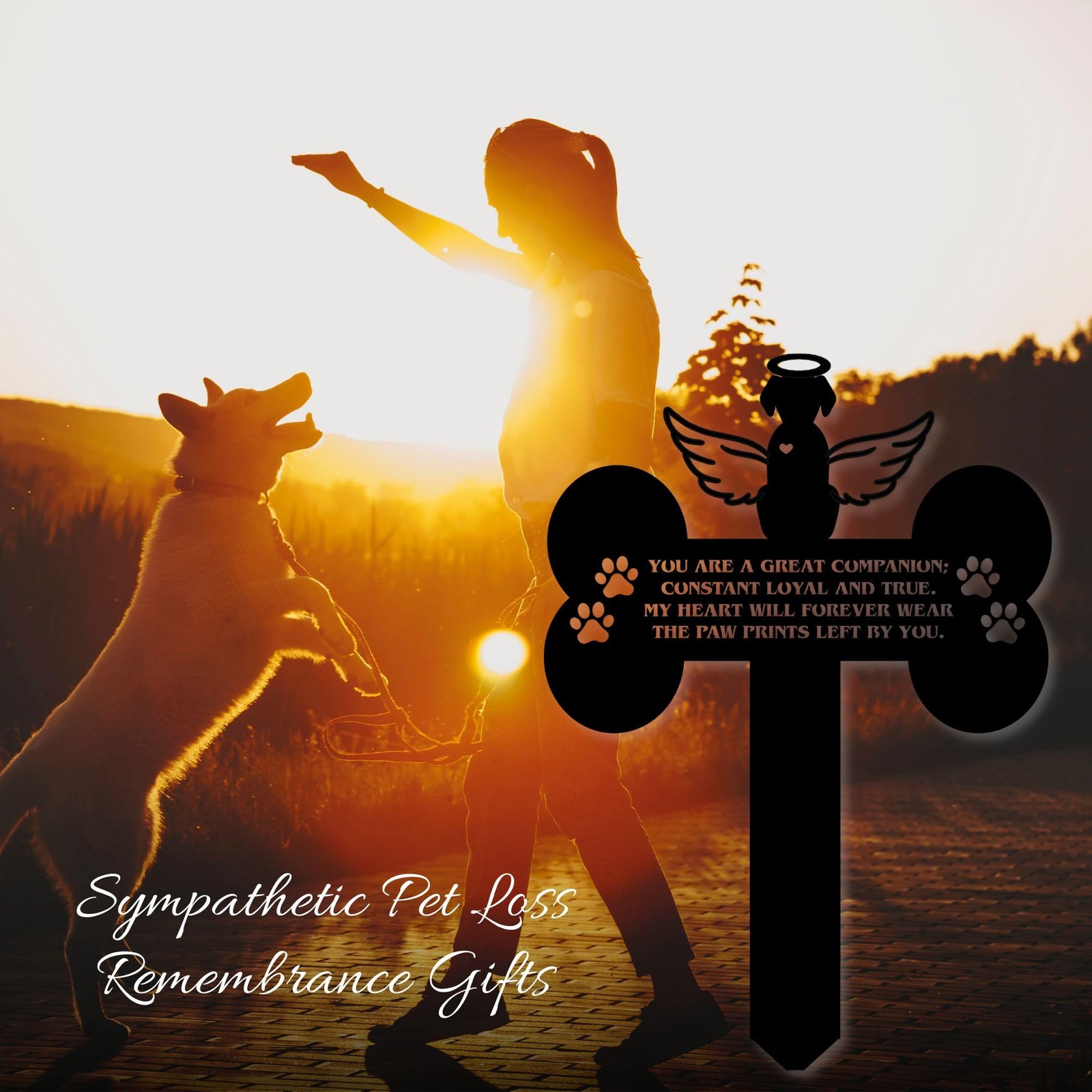 Dog Grave Marker Angel Cross Pet Memorial Metal Headstone Tribute Sign 12 Inch