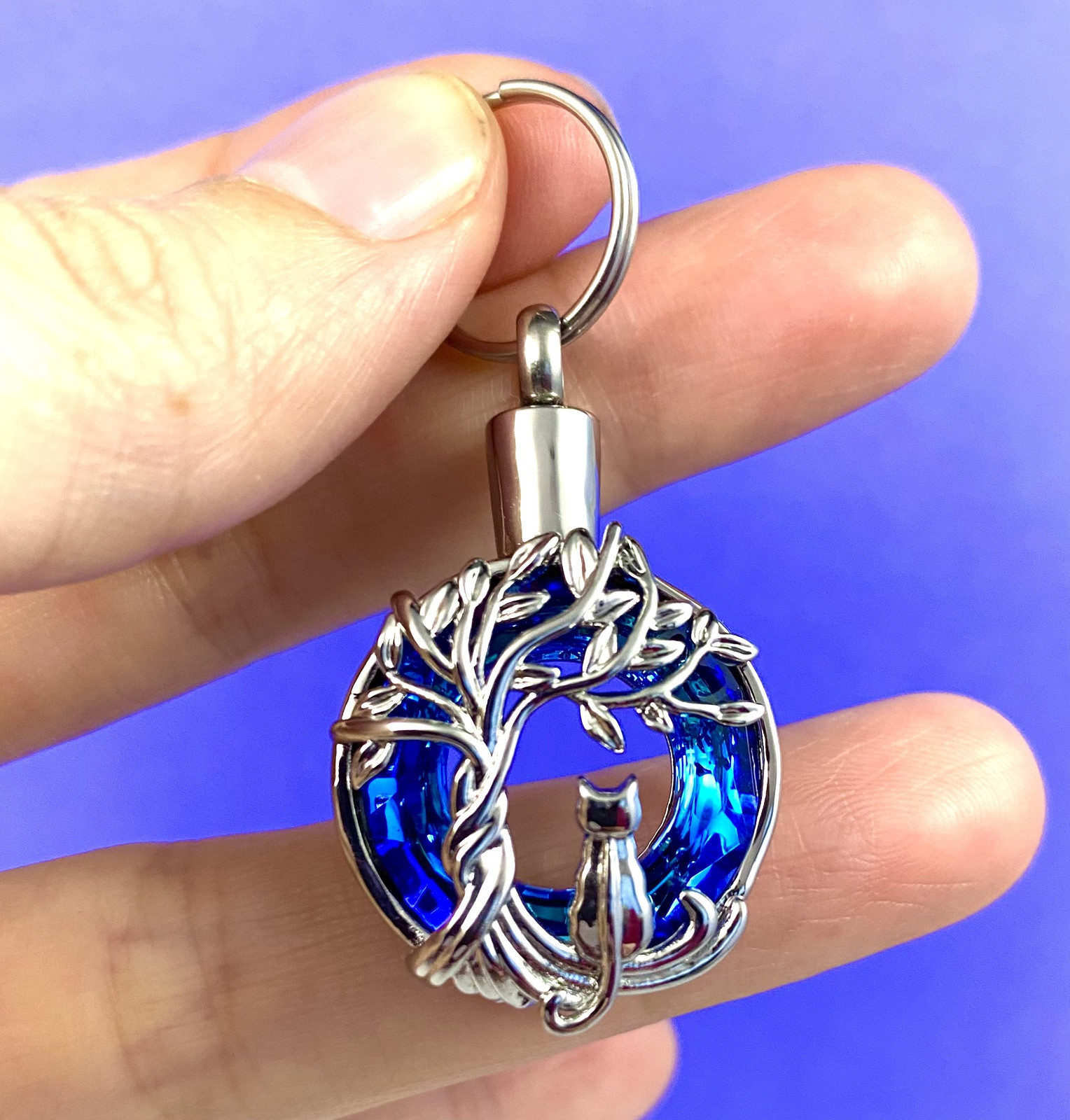 Cat Tree Cremation Pendant Urn Keychain 1″ Key Ring for Ash Kitty Blue Purple