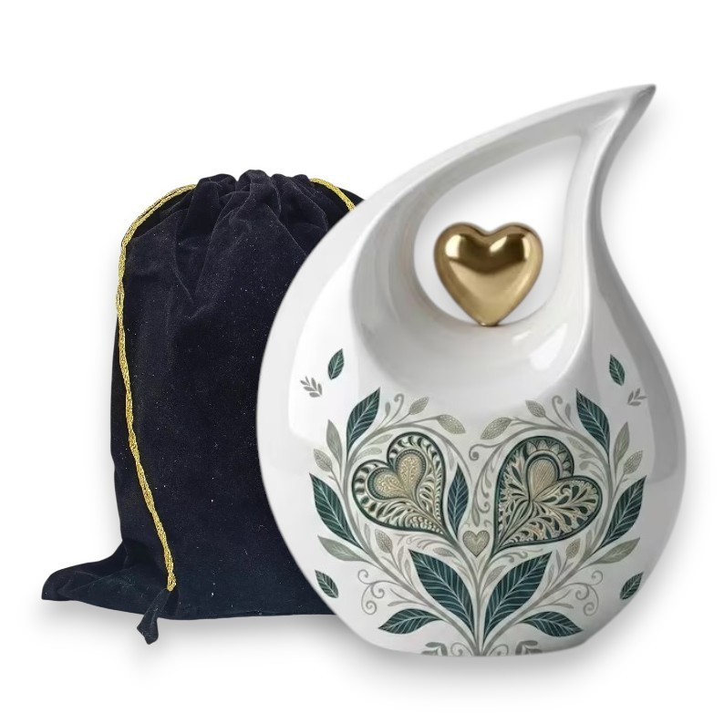 Green Folk Art Heart Teardrop Aluminum Cremation Urn 200 Cu In Ashes Men Women