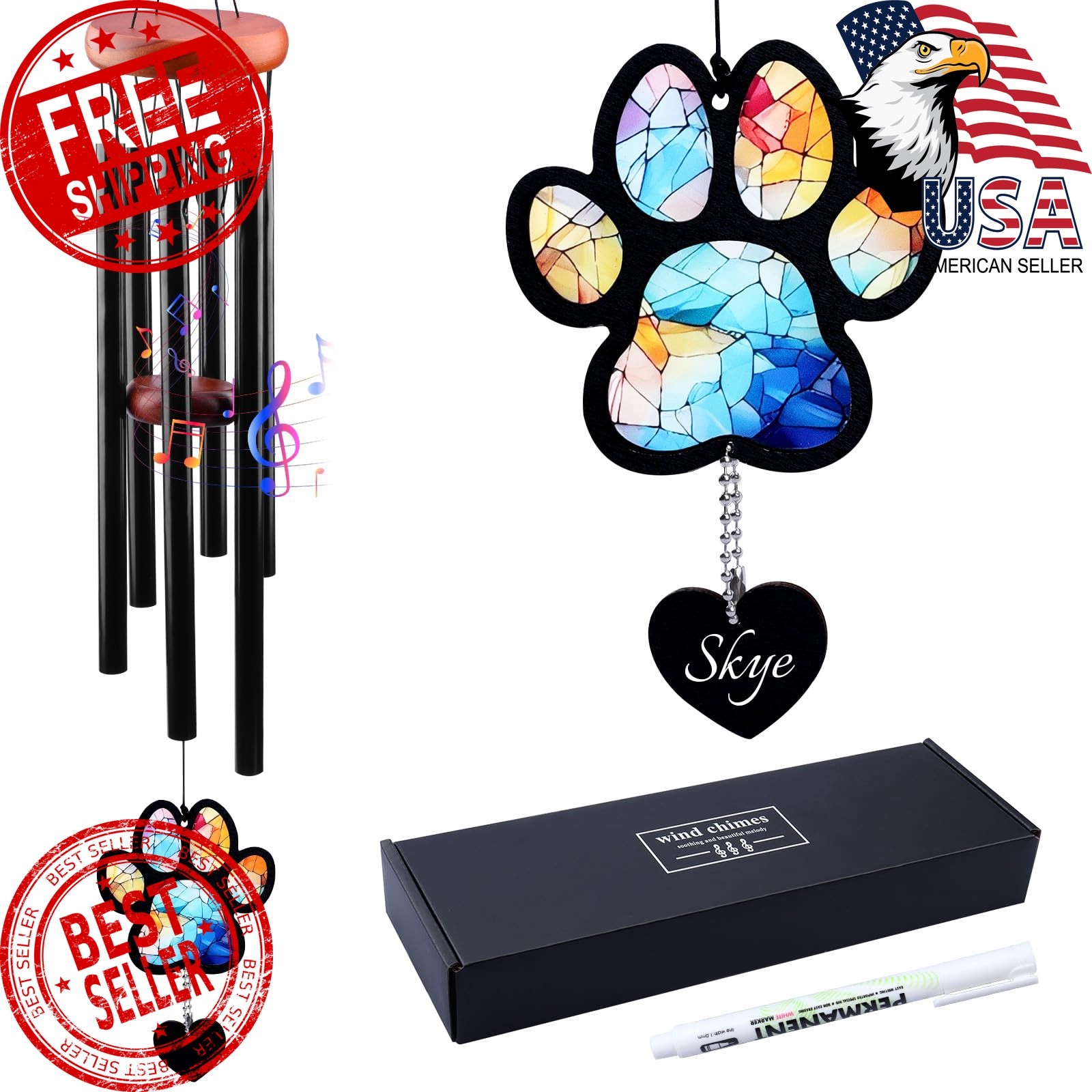 DearKeeps Pet Memorial Wind Chime Dog Paw Sympathy
