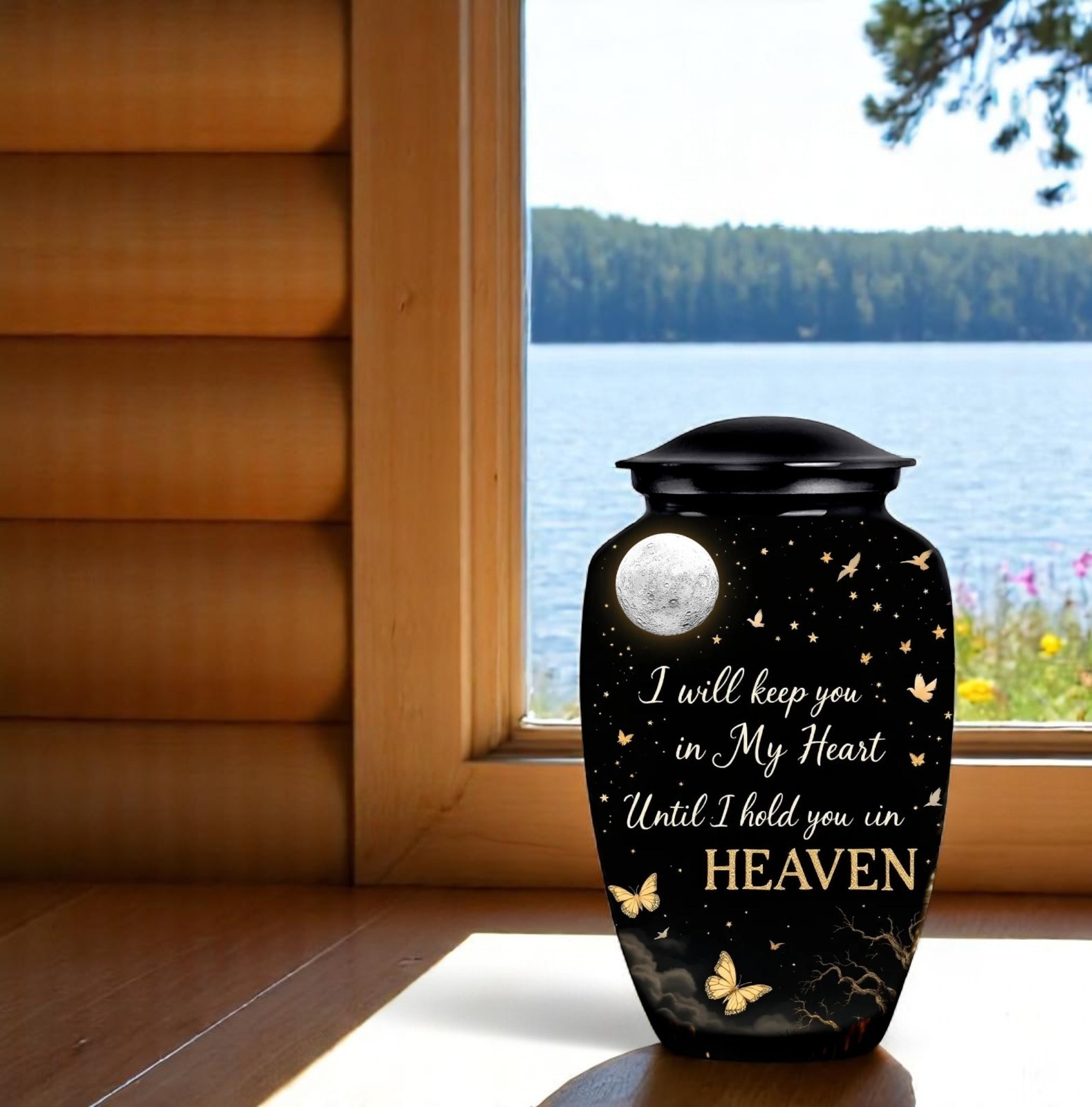 Black Cremation Urn for Human Ashes Memorial Urn with Velvet Bag Heaven Design
