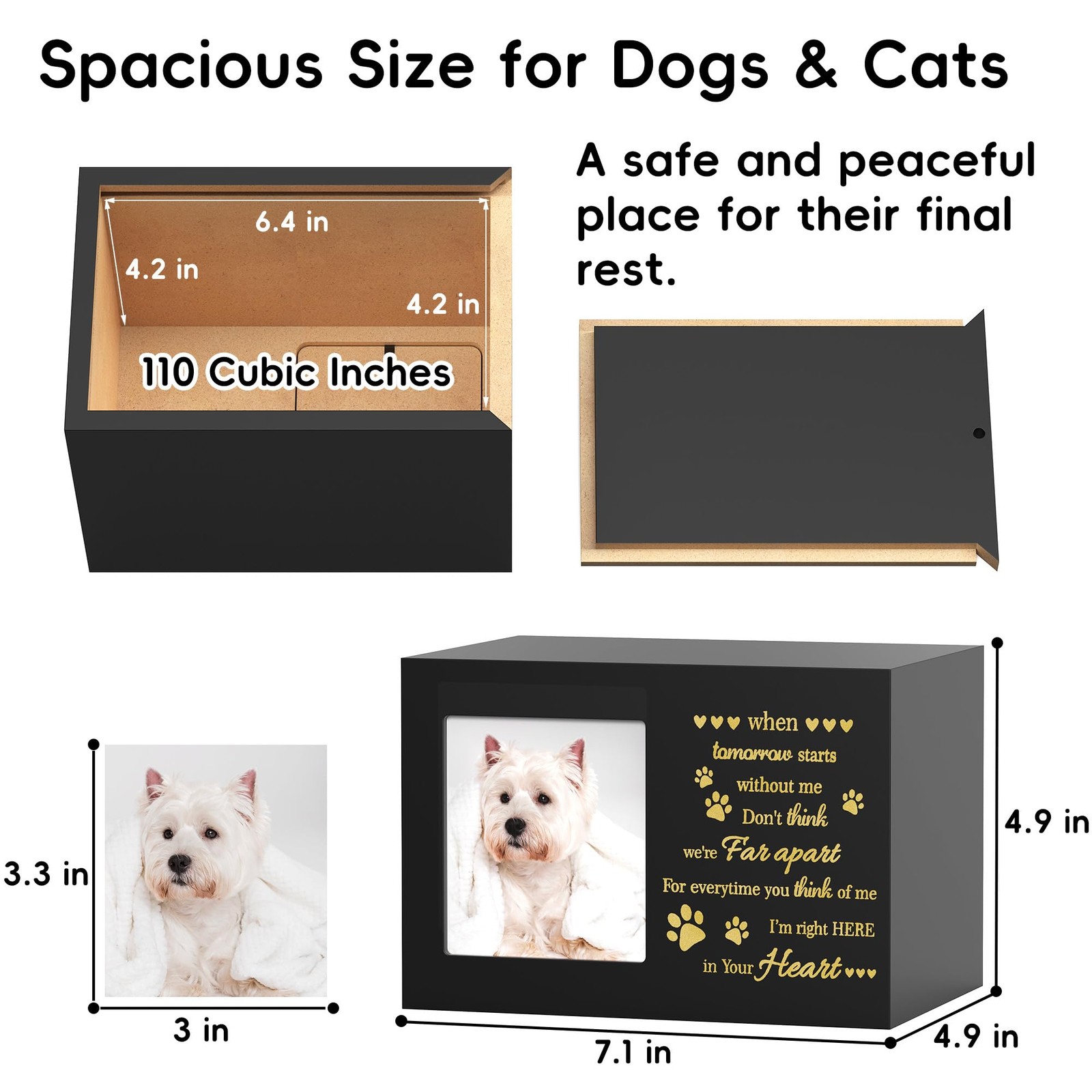 Pet Memorial Urn with Photo Frame, 110 Cubic Inches Wooden Black