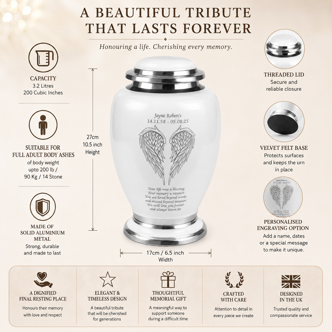 Adult Cremation Ashes Urn Large Funeral Memorial Urn White Angel Wings Engraved