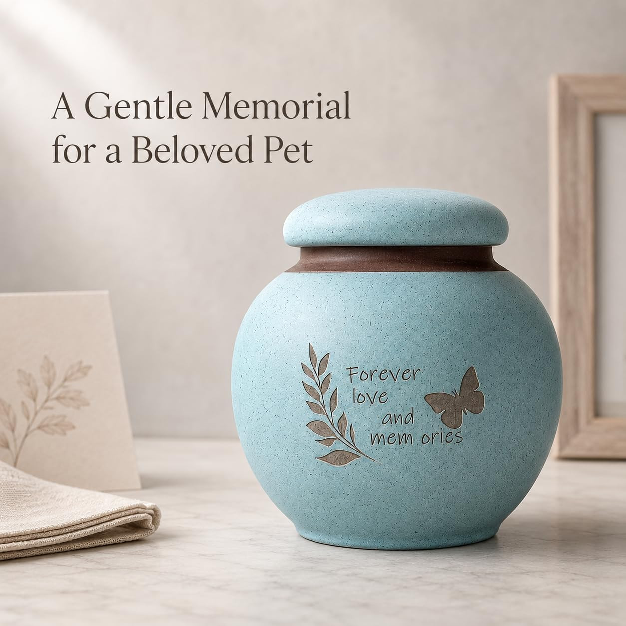 Small Pet Urn for Ashes, Dog and Cat Cremation Urn, Cyan Ceramic Memorial Keepsa