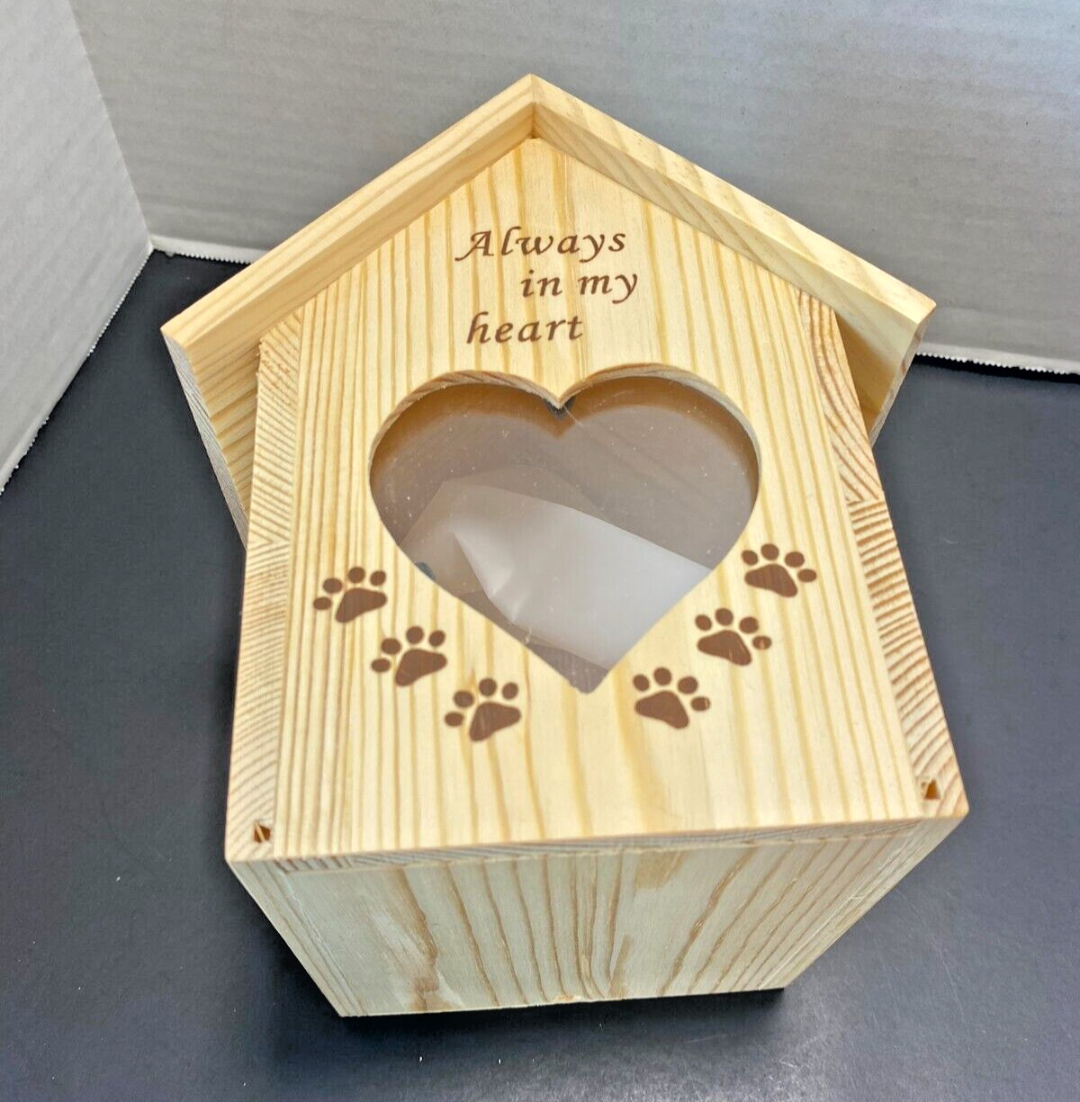 New Wooden Pet Urn Light Colored Heart Shaped Window Pet Urn