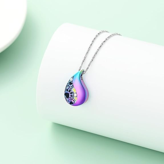 Pet Paw Print Teardrop Urn Necklace for Ashes for Dog/Cat Ashes Keepsake Memo…