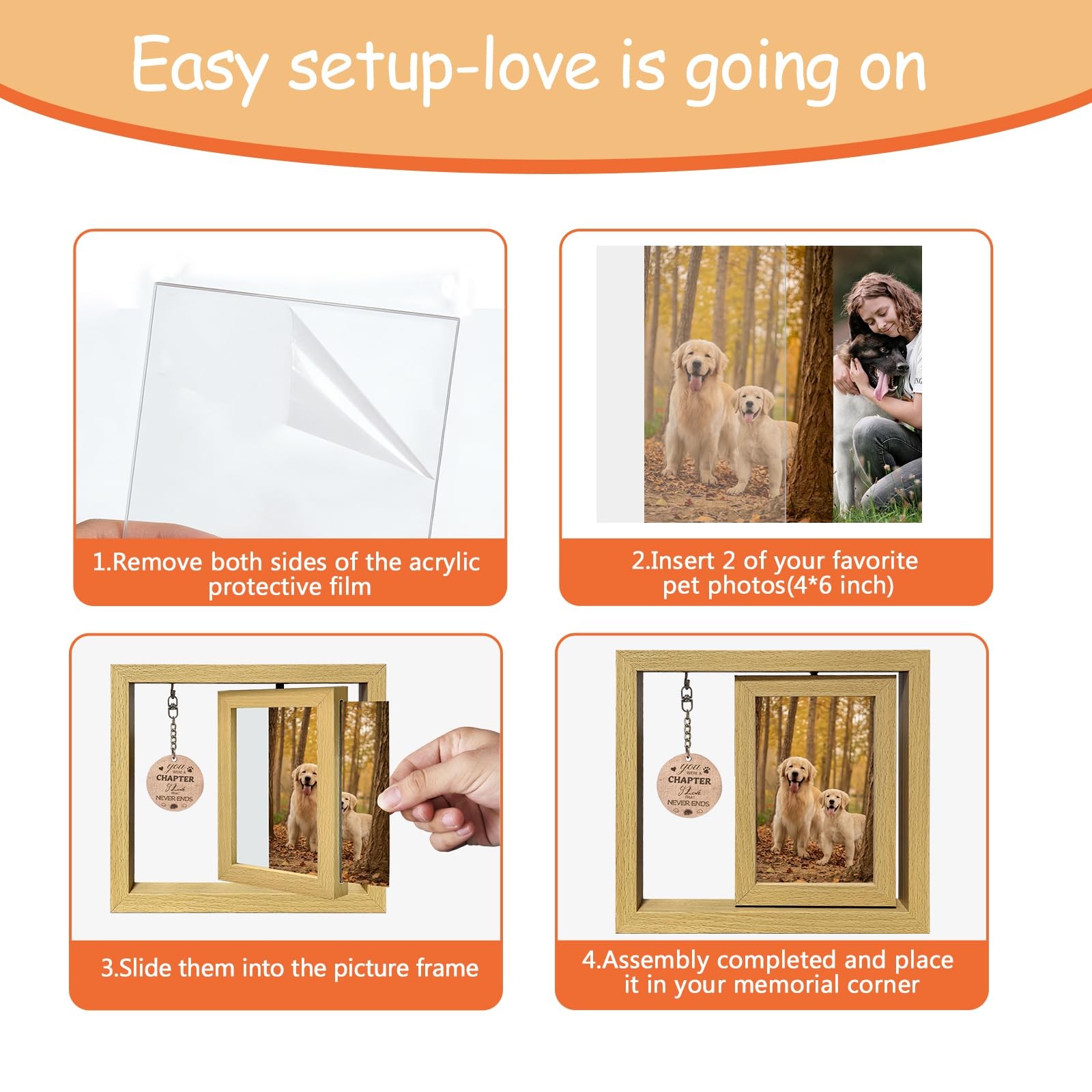 Komkoc Handcrafted Wooden Dog Memorial Picture Rotating Frame For 4X6 Photos-