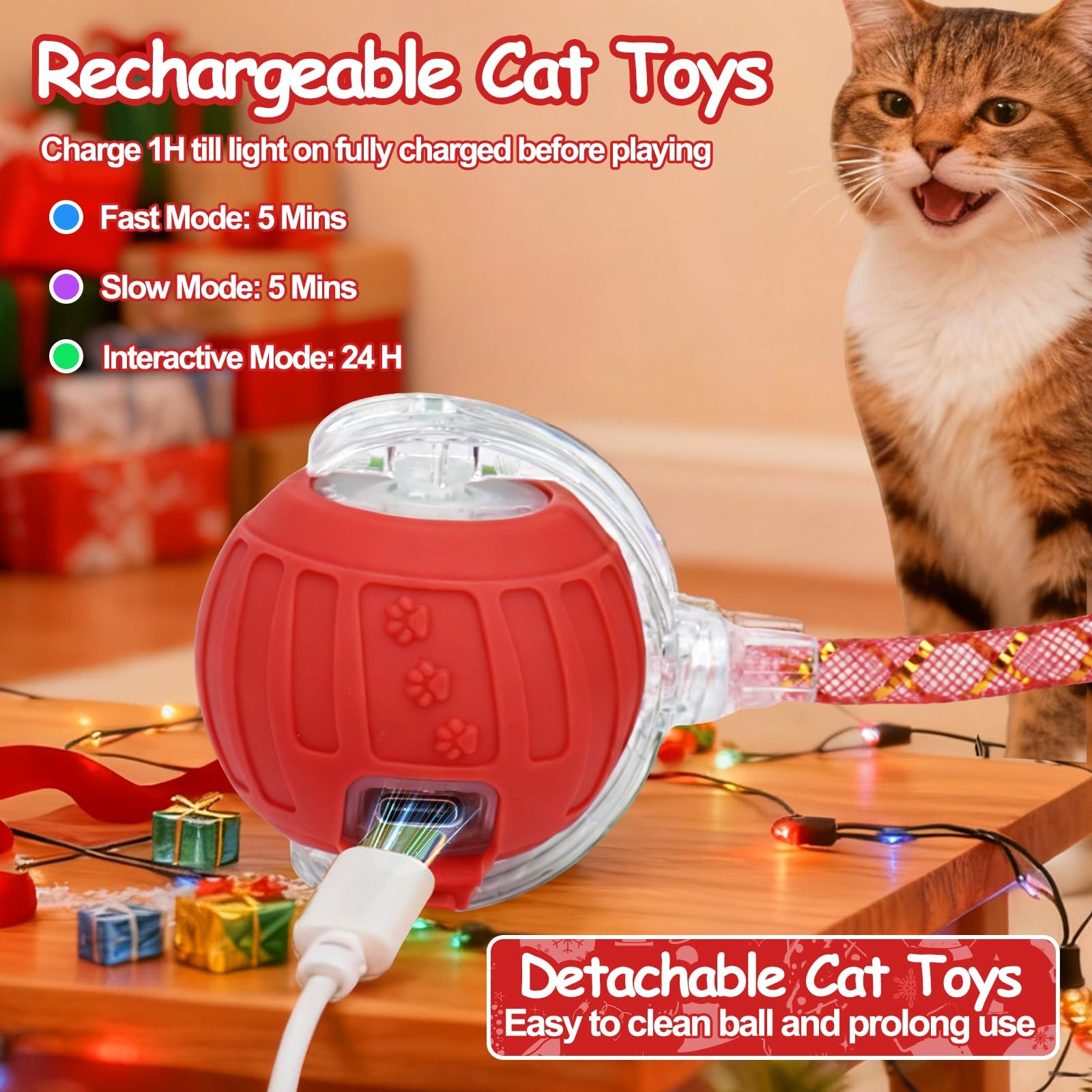 Interactive Cat Toy Ball – Christmas Cat Toy for Indoor Cats w/ Feather Tail