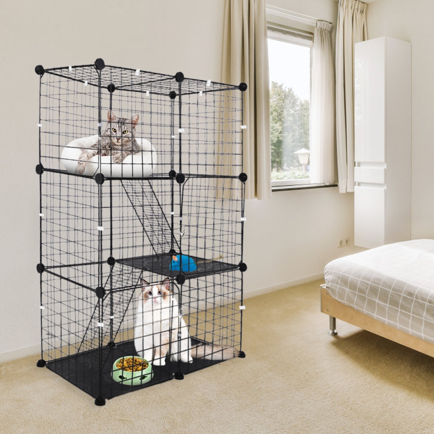 3 Tier Cat Playpen Cage Metal Indoor Cat House Detachable Kitten House With 3 Do