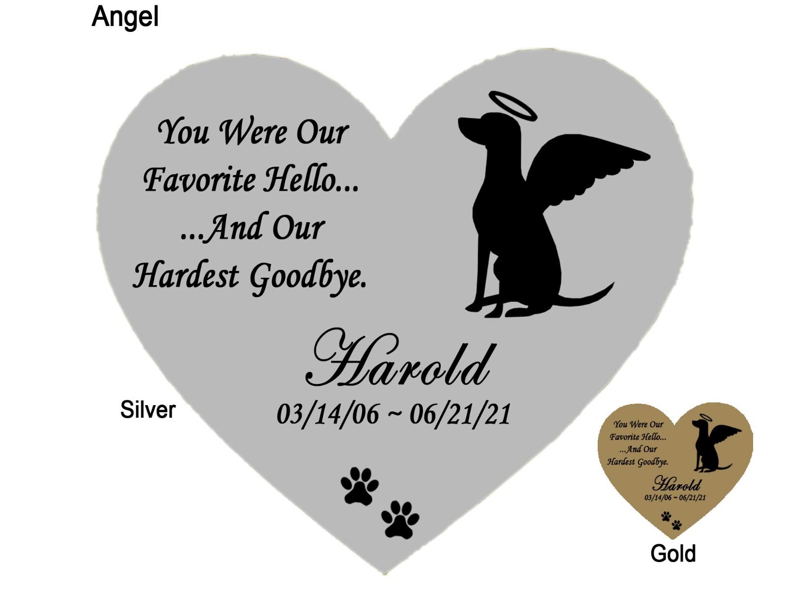 Dog Name Plate Engraved Memorial Heart Shape Pet Loss – Gold or Silver – 2 Sizes