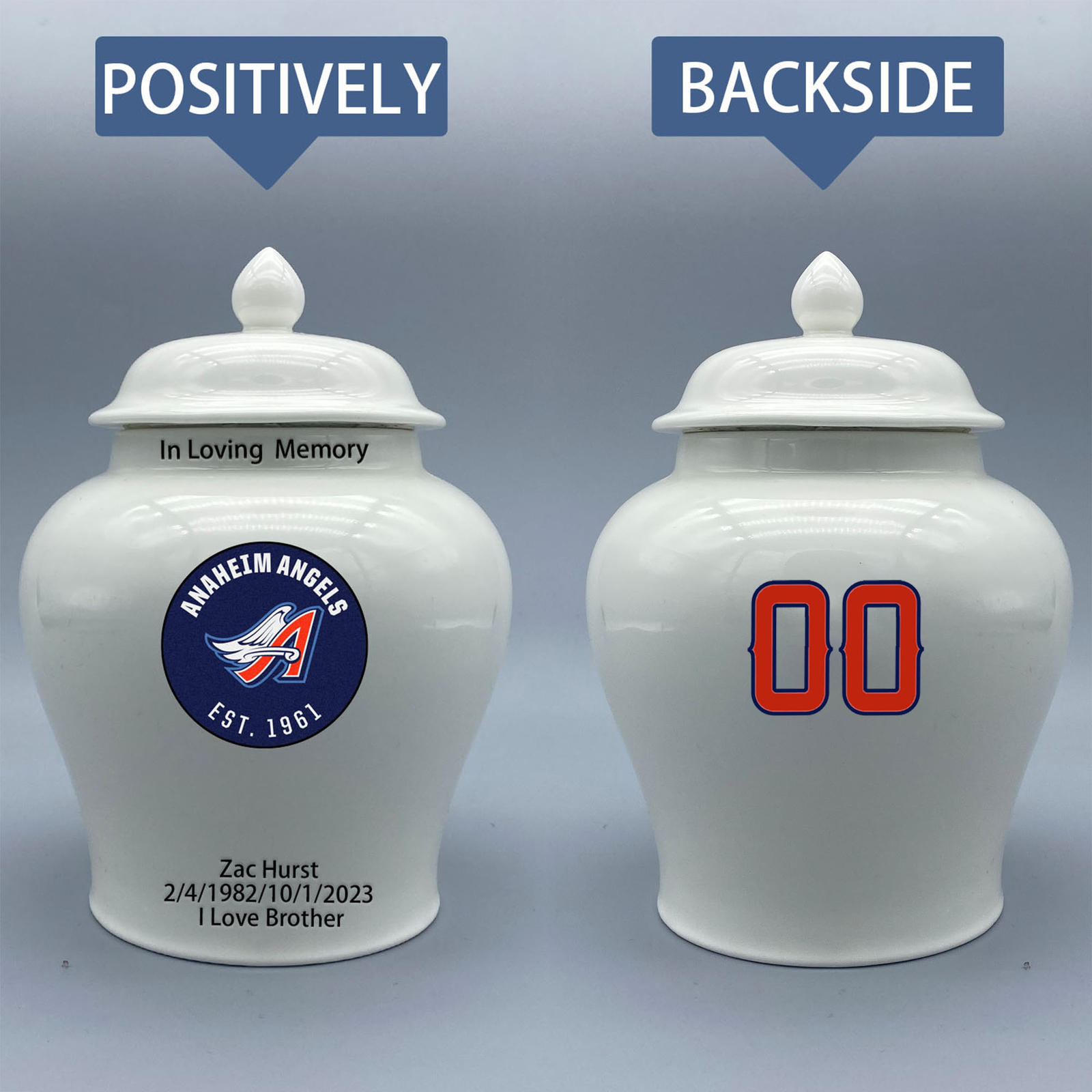 Ceramic Medium Urn for Los Angeles Angels Baseball Theme, Custom Text & Number..