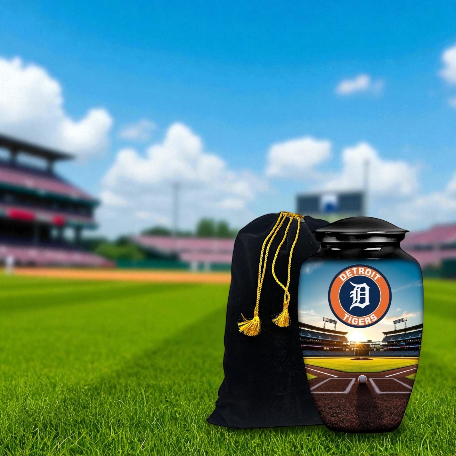 Black Large Baseball Theme Detroit Tigers Cremation Urn Adult Human Ashes w/Bag