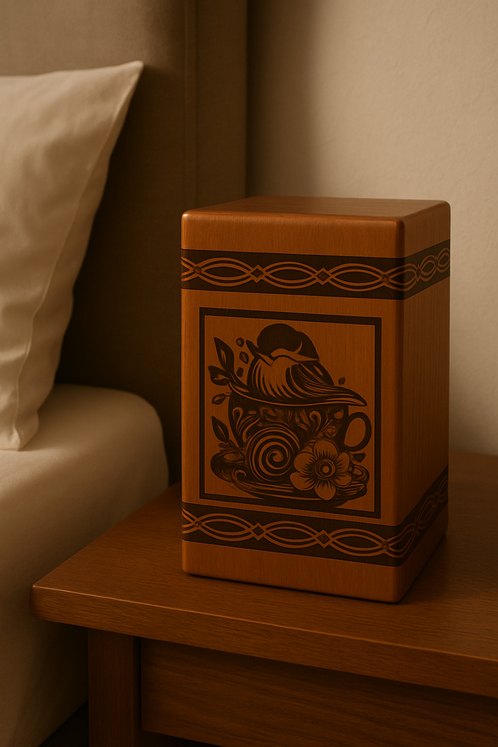 Wooden Keepsake Box with Bird & Floral Engraving | Rustic Tea Cup Urn box human