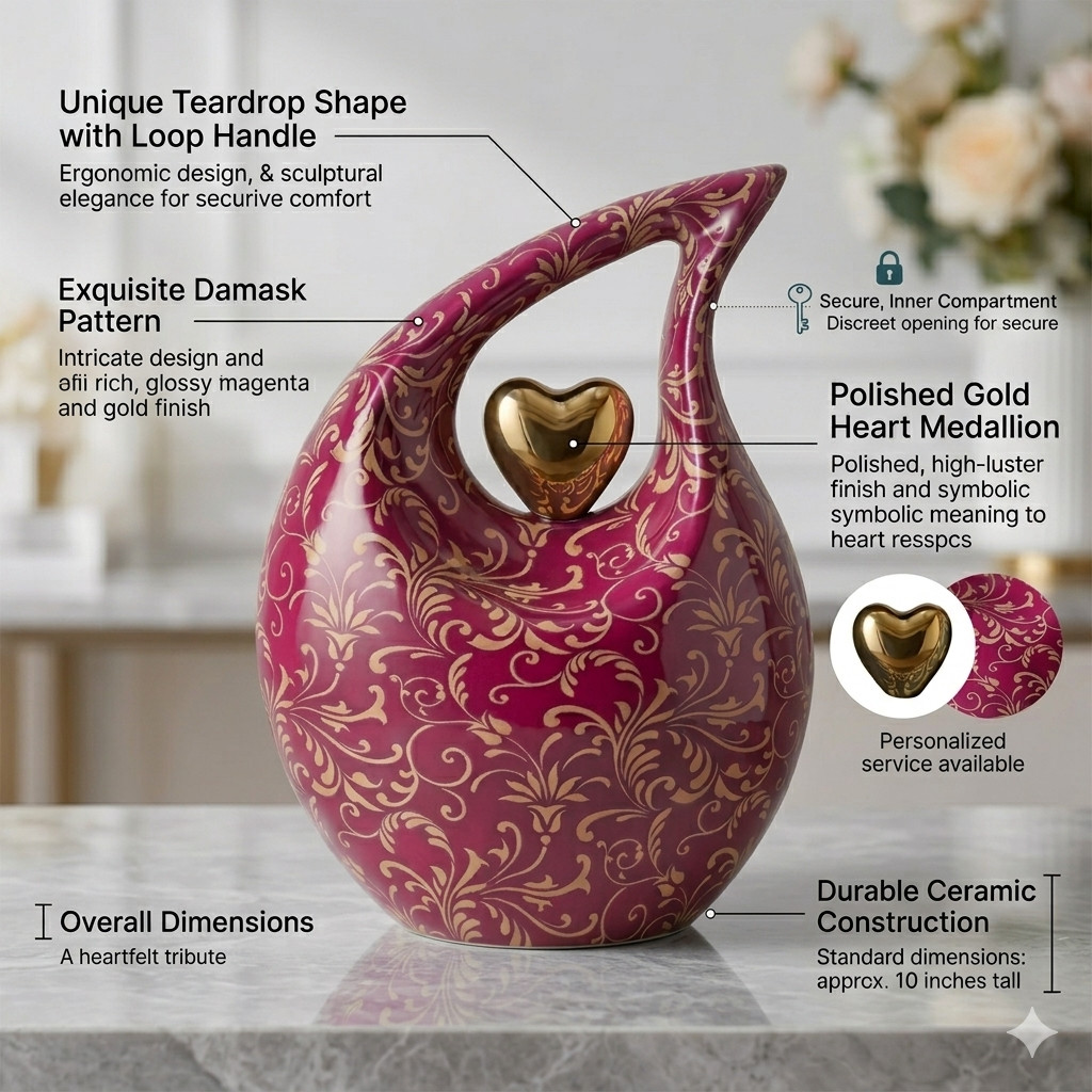 Pink Teardrop Cremation Urn for Human Ashes Adult Aluminum Memorial Funeral Bu..