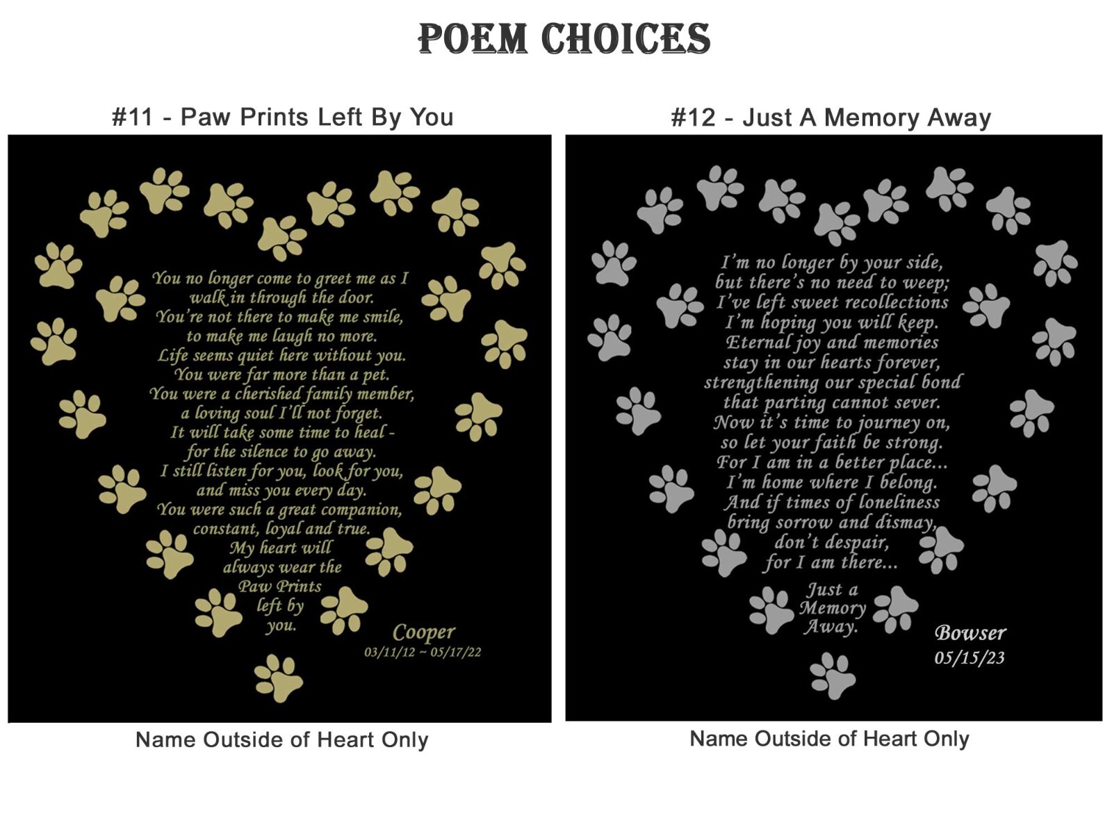 Engraved Pet Name Plate, Memorial Poem Plate, Many Poem Choices, Dog, Cat, Any