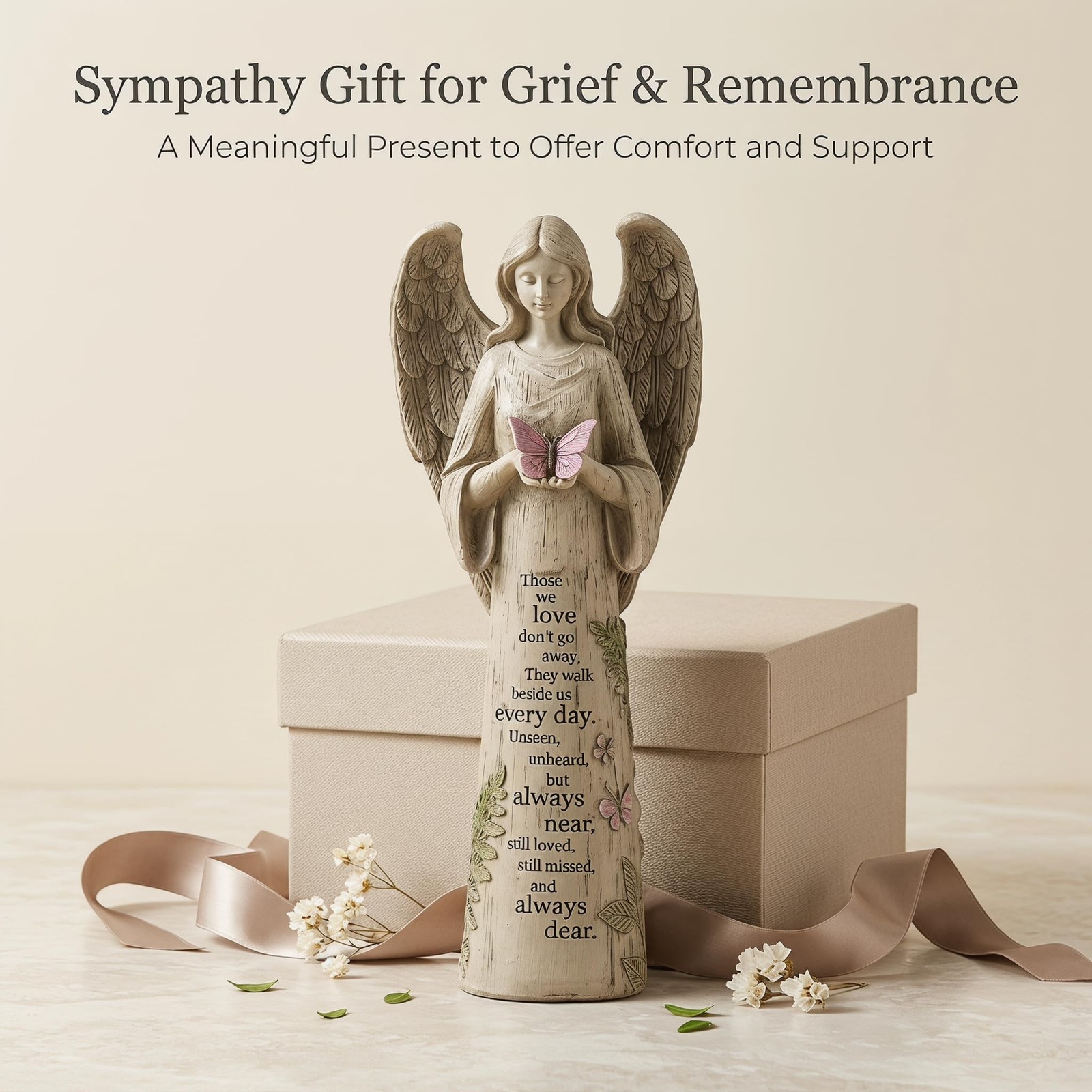 Topadorn 13″ Memorial Angel Statue with Butterfly, Resin Remembrance Angel Fi…