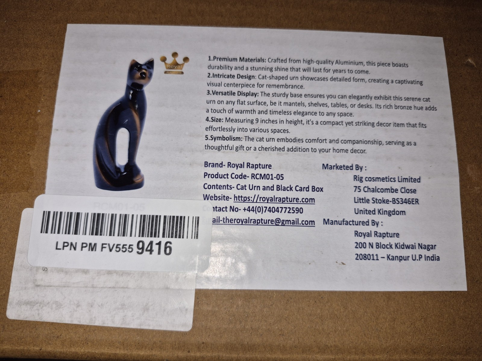Royal Rapture Cat Figurine Pet Urn Ashes Beautiful Black Bronze Funeral Feline