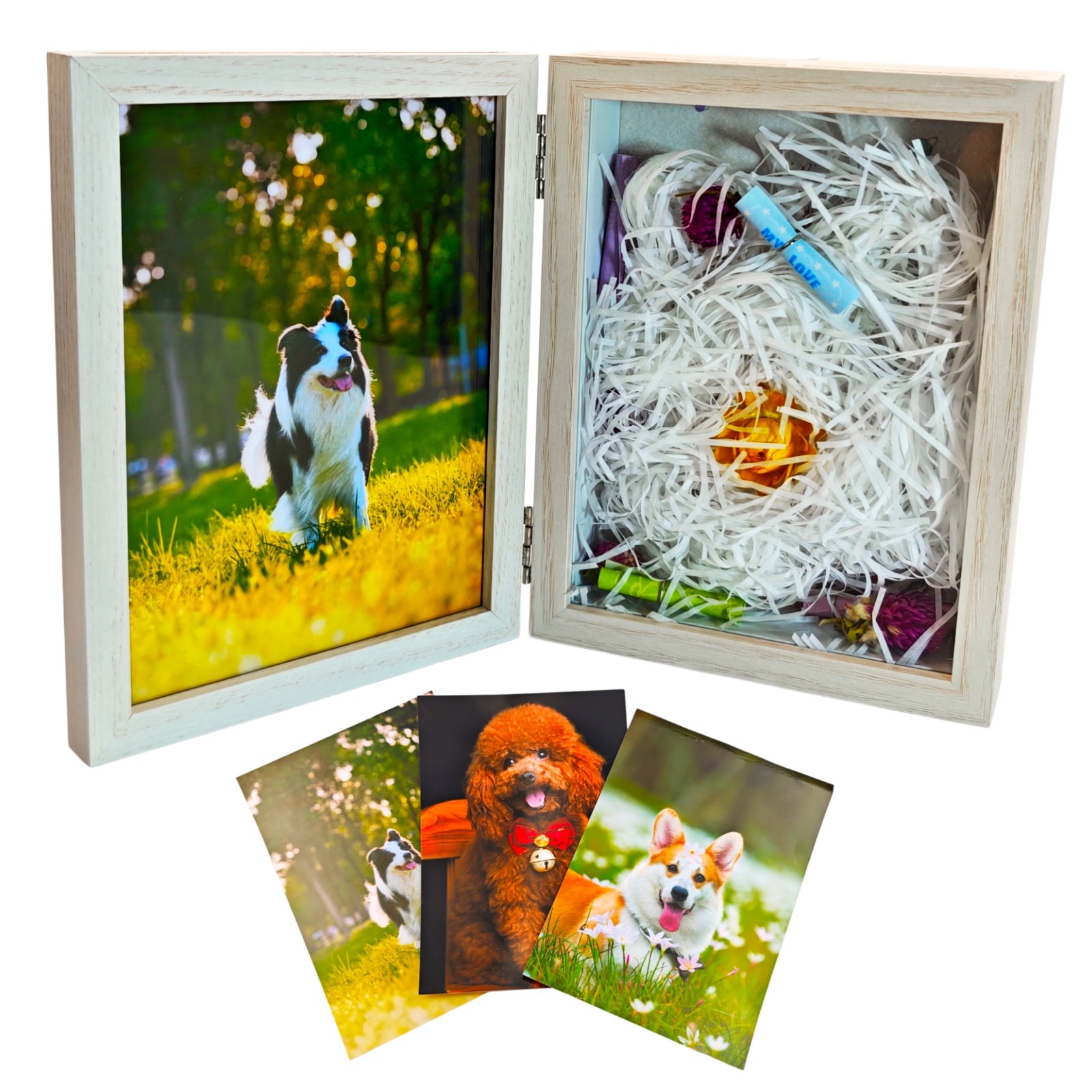 Pet Memorial Box-3 Photos & Paw Print Display with 180° Hinges for Dogs&Cats 5×7
