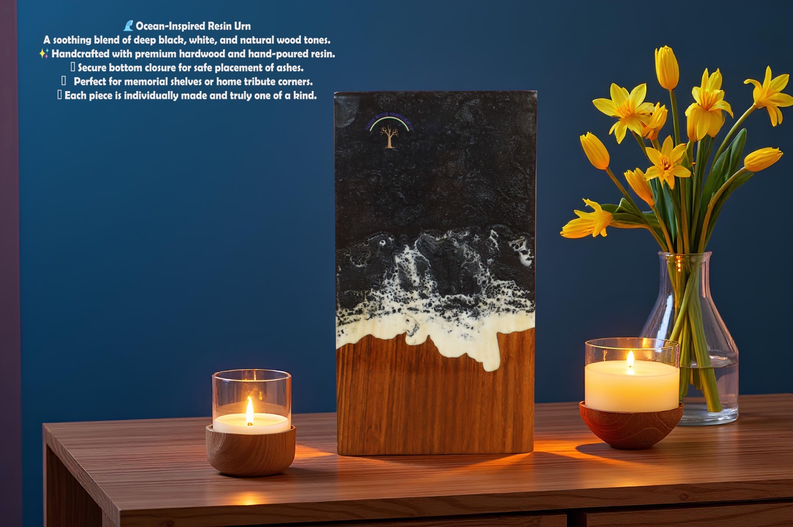 Wooden urn box – Handcrafted Ocean Wave Urn – Wooden Memorial Box for Loved Ones
