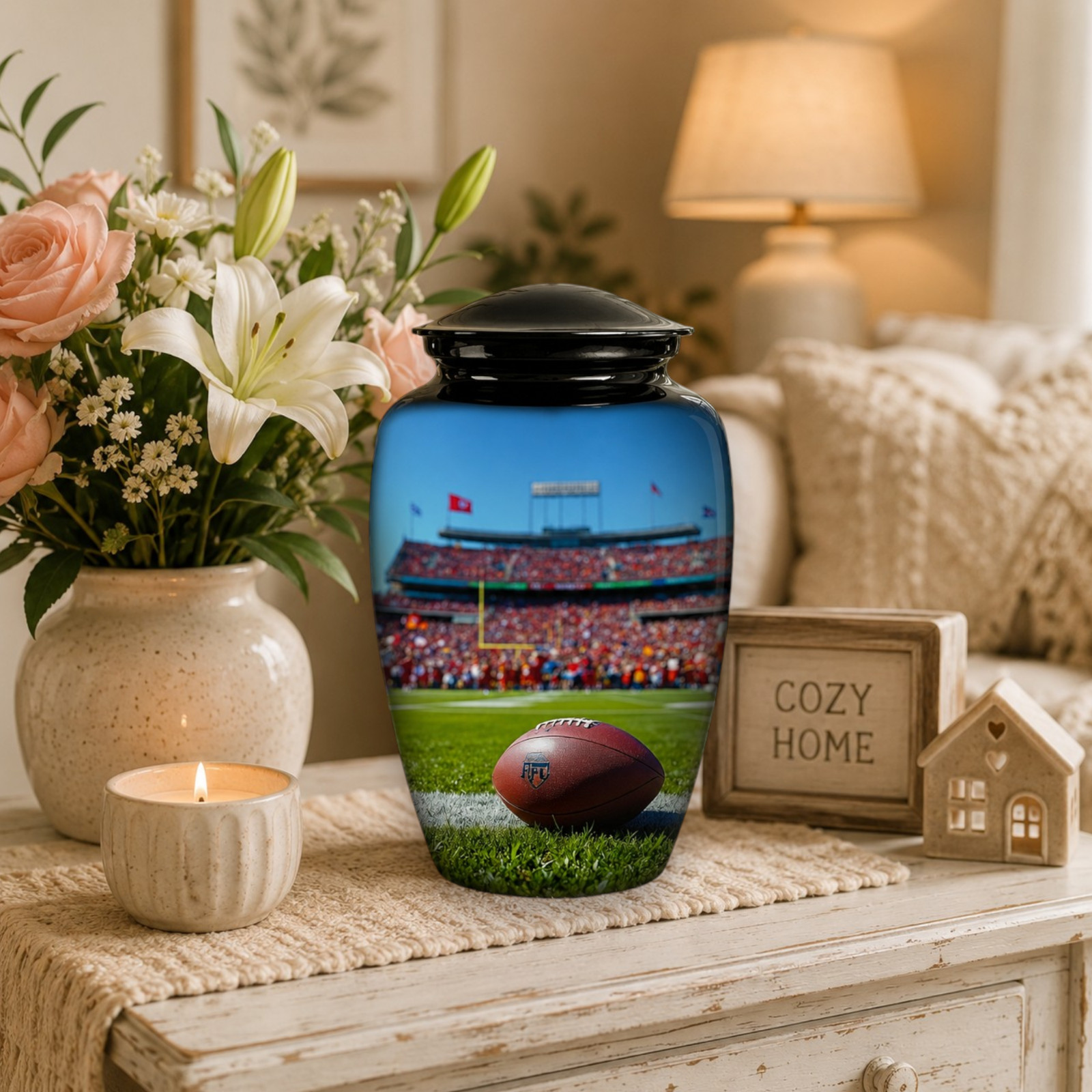 Football Cremation Large Black Urn Human Ashes w/Bag for Your Love Ones Earns