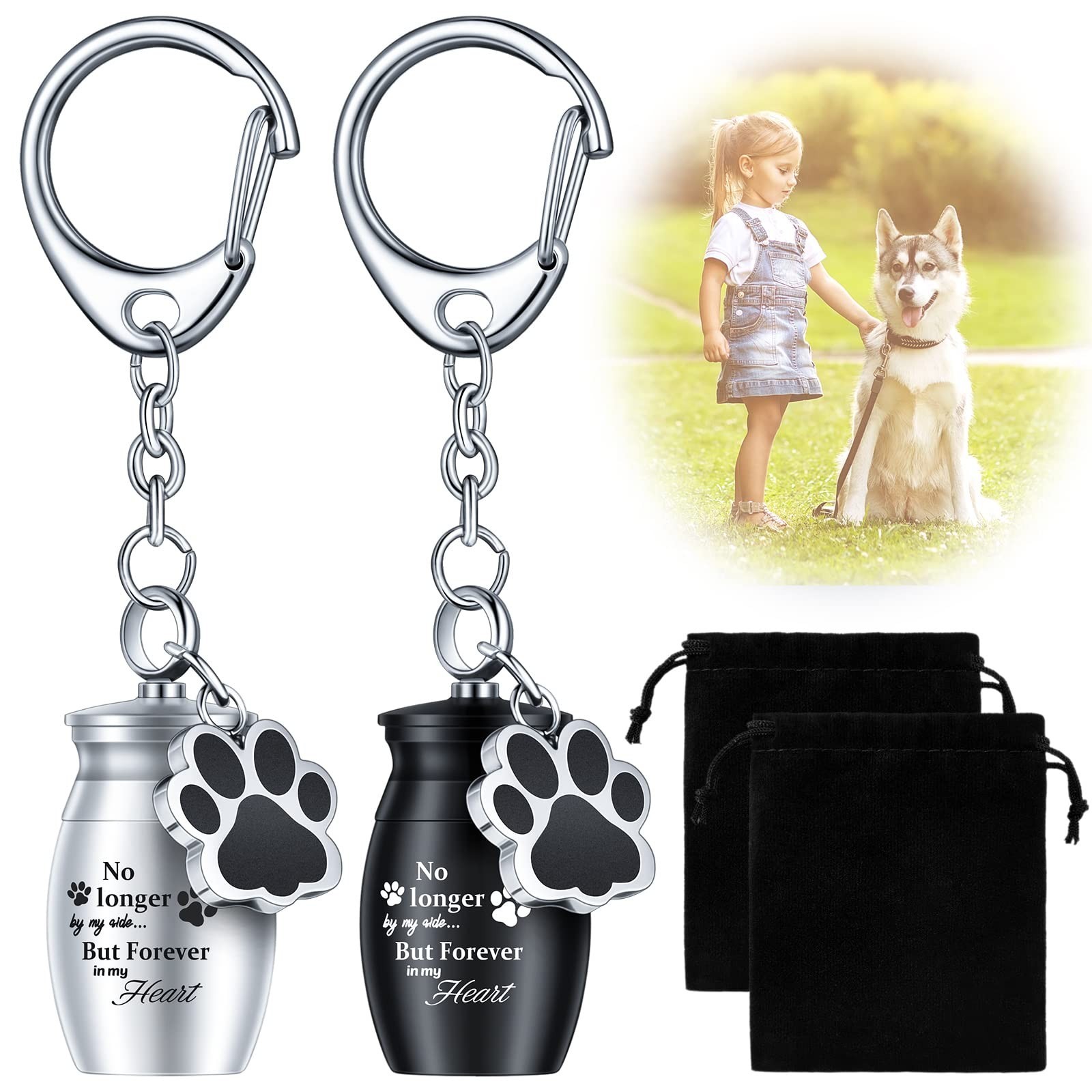 2 Pcs Pet Dog Urns Keychain for Ashes with 2 Storage Bags Small Cat Cremation Ke