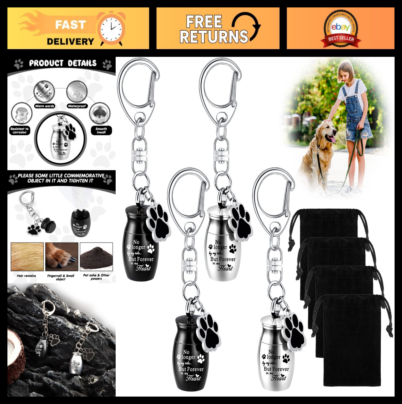 4 Pcs Pet Ashes Keychain – Stainless Steel Dog Paw Charm Keepsake Urn with Bags