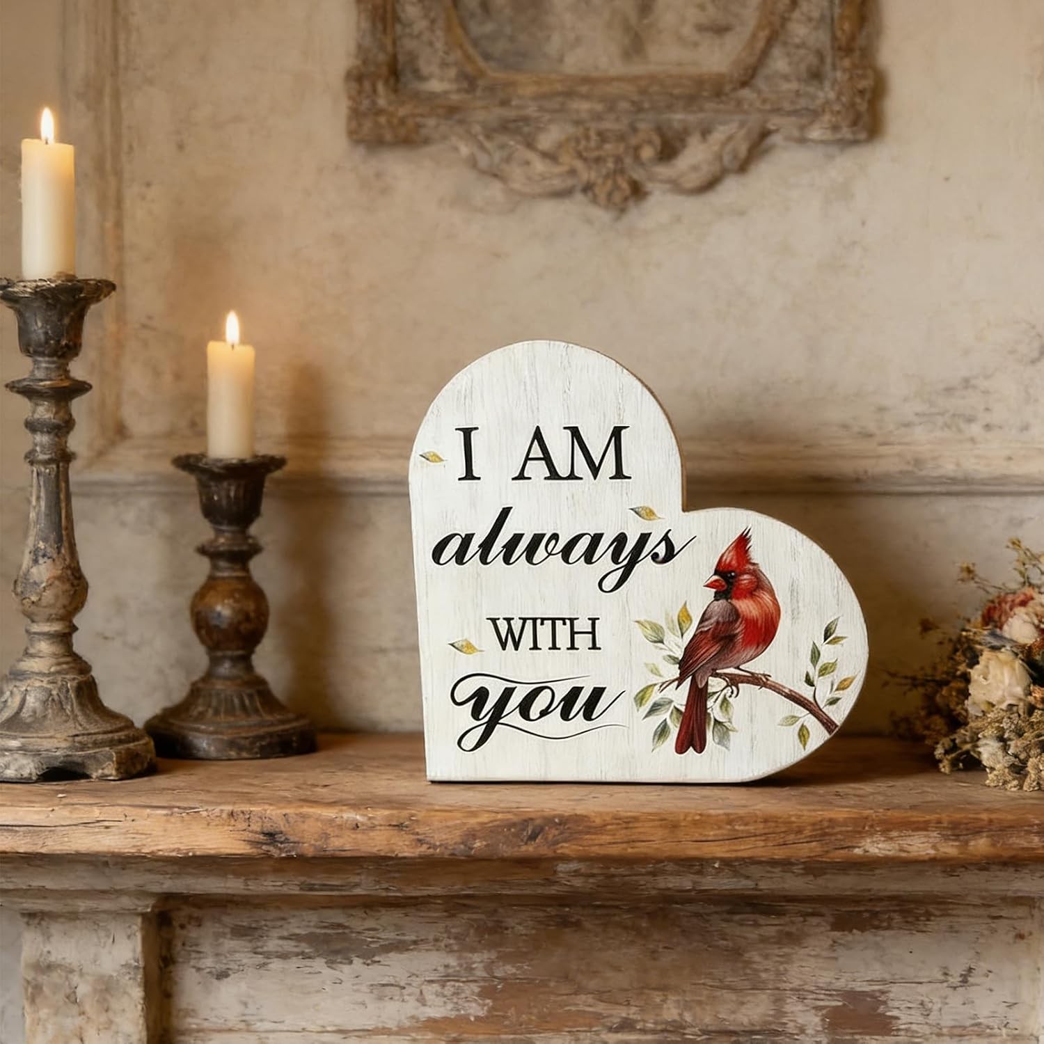 Wooden Heart Memorial Plaque Cardinal Sympathy Table Decor Bereavement Gift Sign