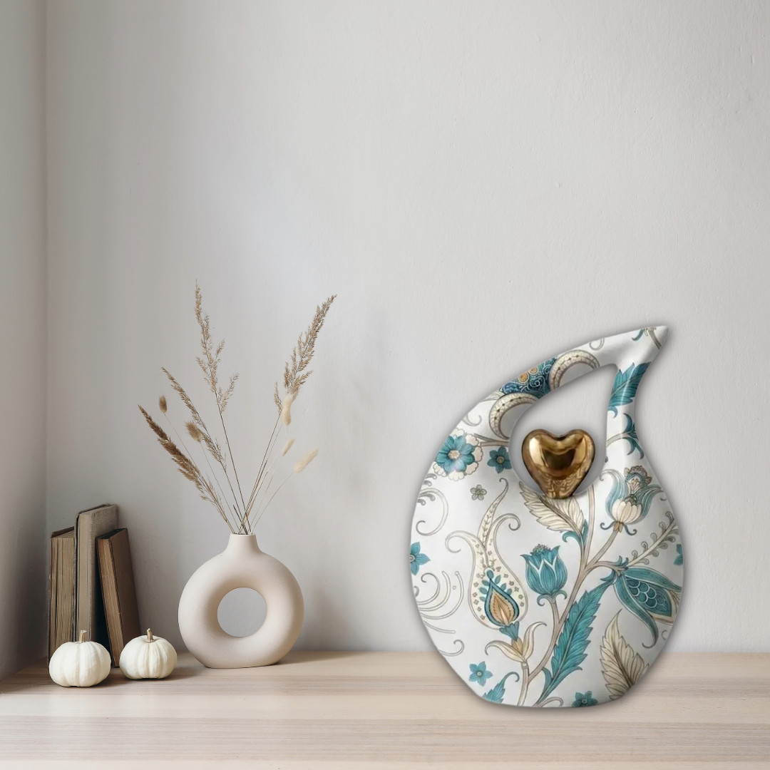 White Teardrop Cremation Urn for Ashes Floral Design with Gold Heart Accent Urns
