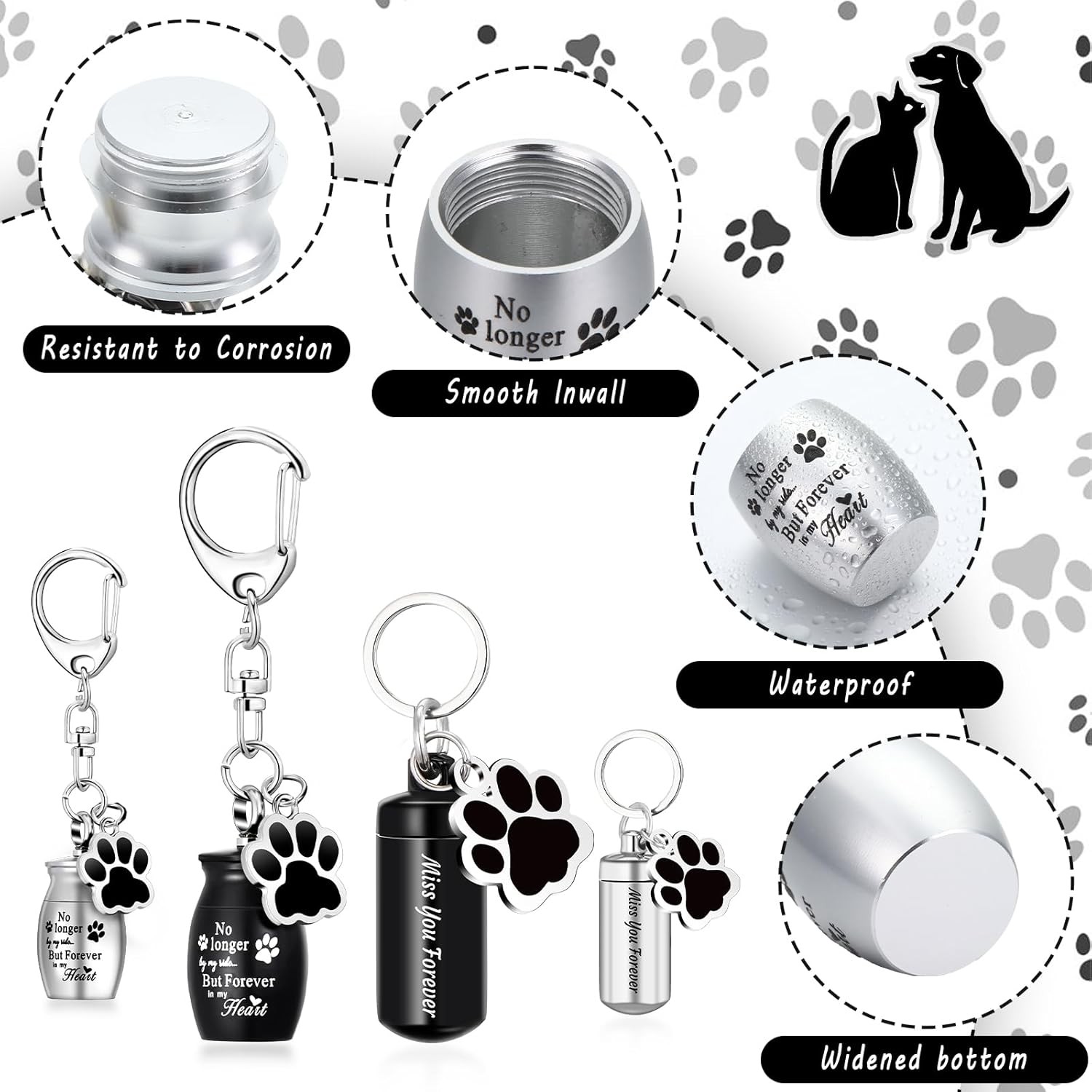 Pet Ashes Keepsake Keychain Set Stainless Steel Paw Print Memorial Jewelry 4 Pcs