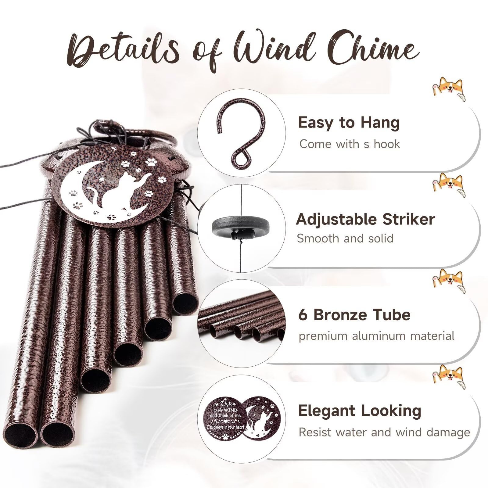 Cat Memorial Gifts for Loss of Cat, 25 inch Cat Memorial Wind Chimes, Loss of…