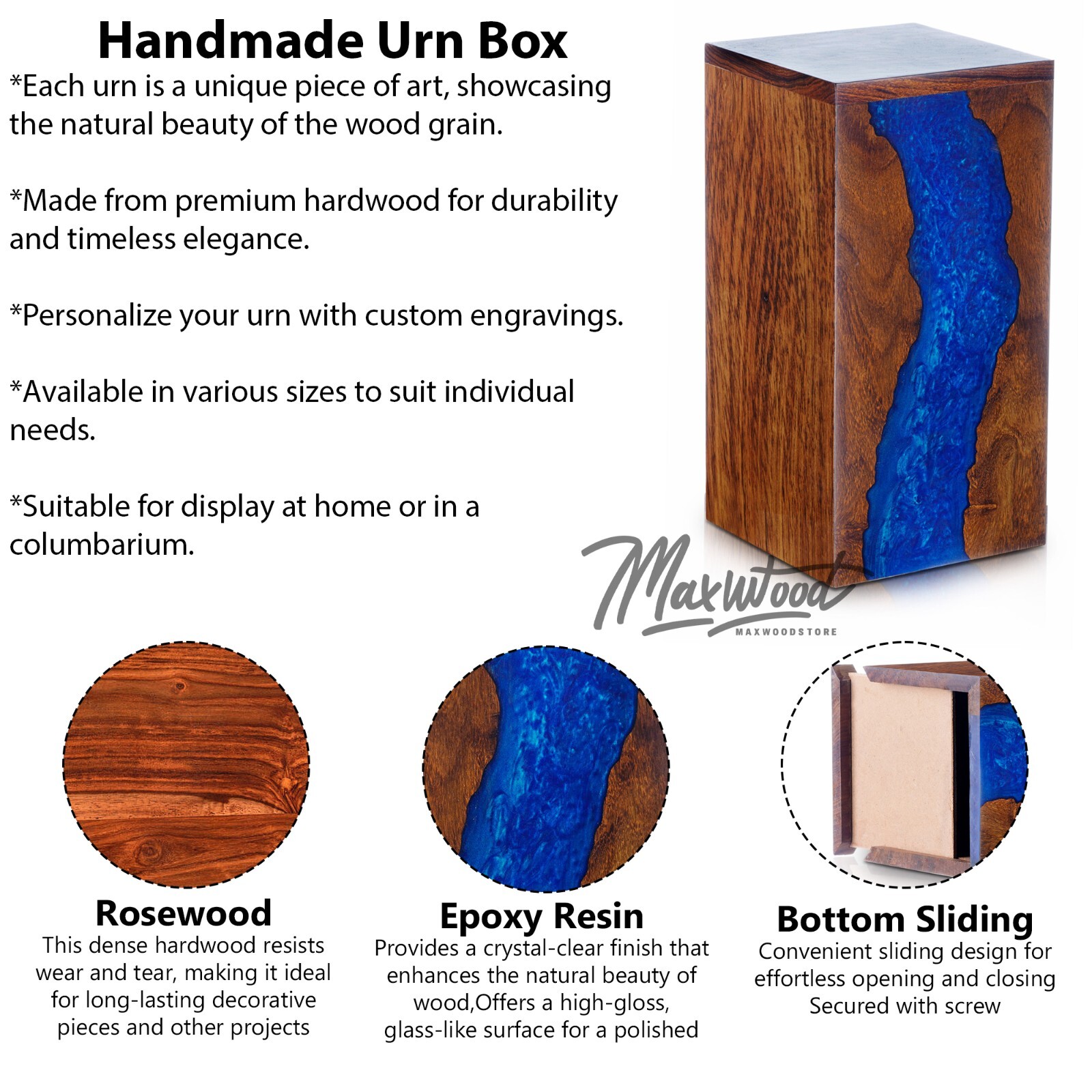 Handcrafted Rosewood and Blue Resin Urn Box – Memorial for Humans Ashes