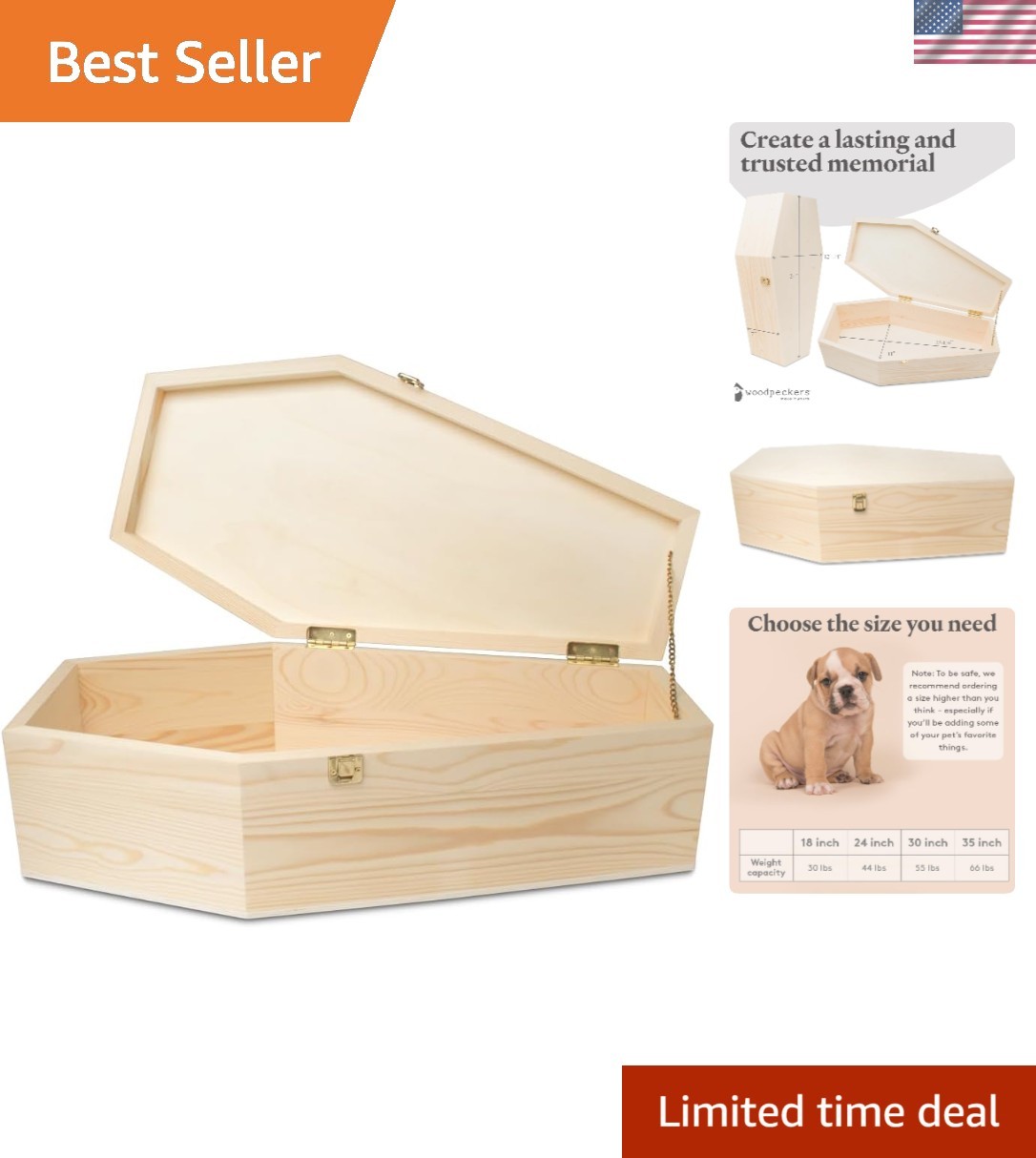 Pet Casket – 30″ Wooden Burial Box for Dogs and Cats, Strong and Safe Baltic Bir