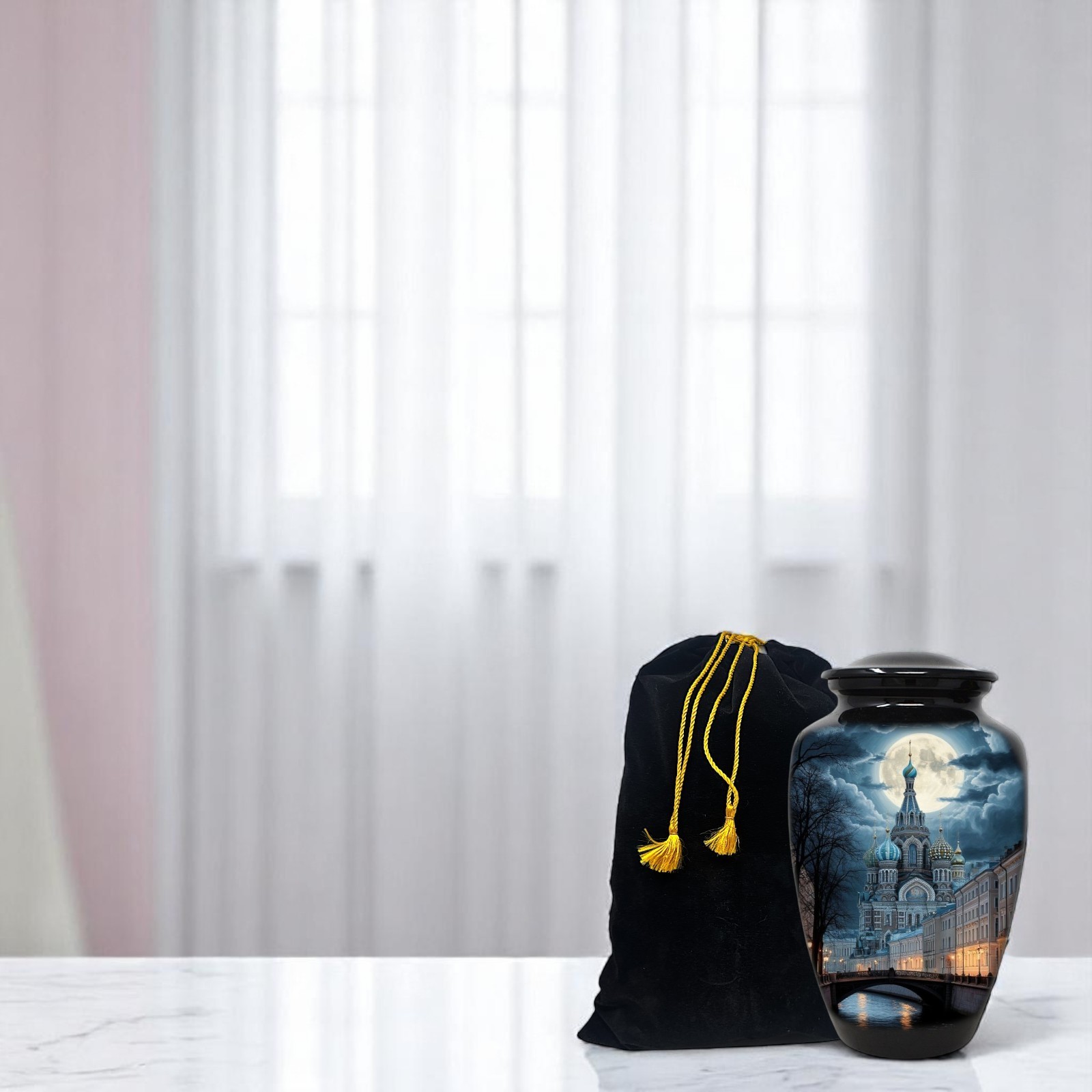 Adult Cremation Urn for Human Ashes Large 10.5″ Moonlit Cathedral Urn with Bag