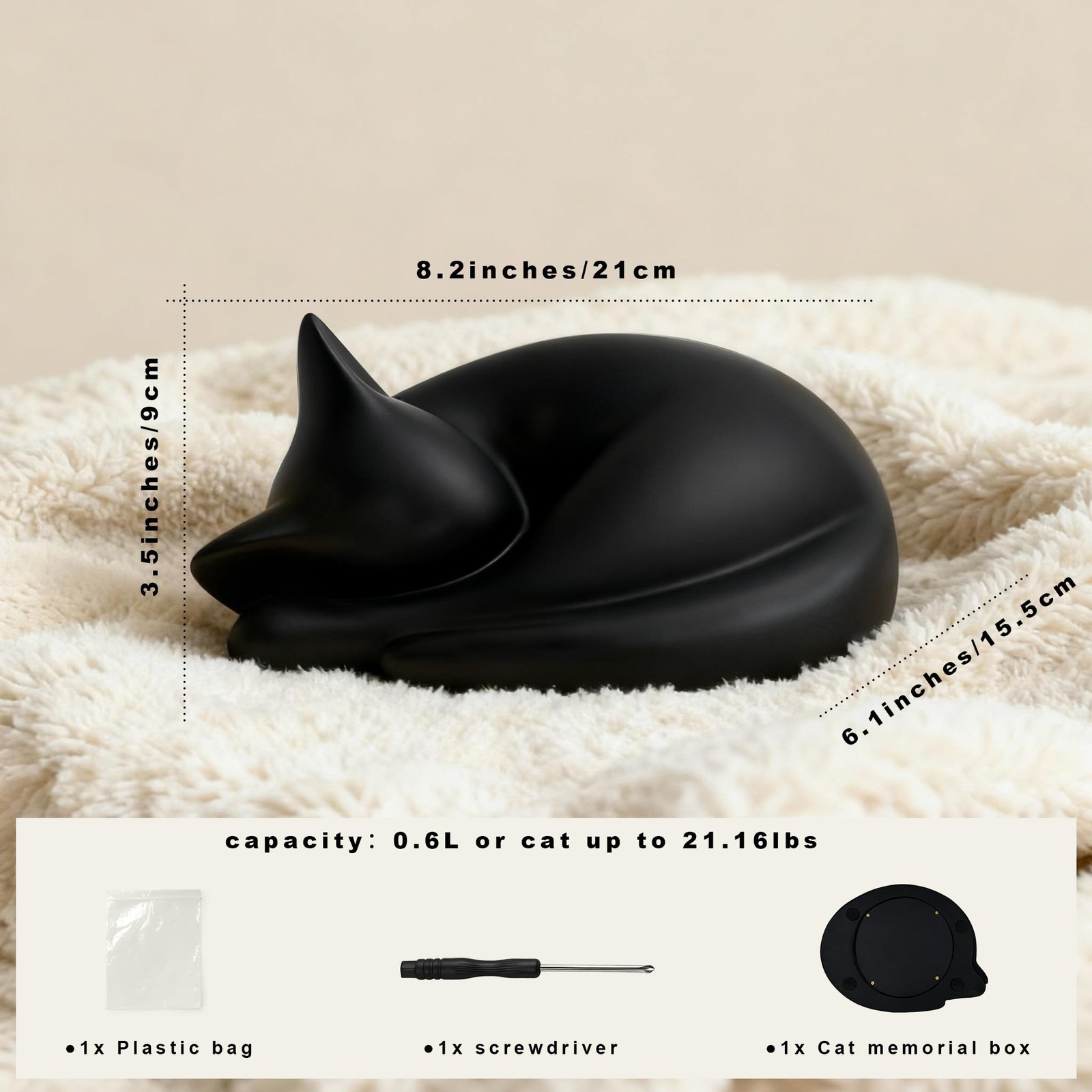 Sleeping Cat Urn for Ashes with Paw Print Kit, Capacity 0.5L, Carefully Black