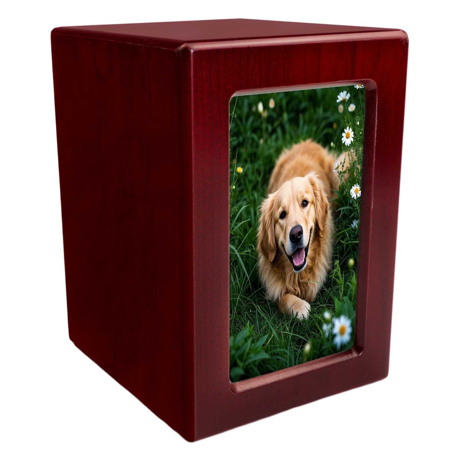 Wooden Red Funeral Cremation Urn with Photo Frame For Dogs And Cats 4.3 x 4.1in