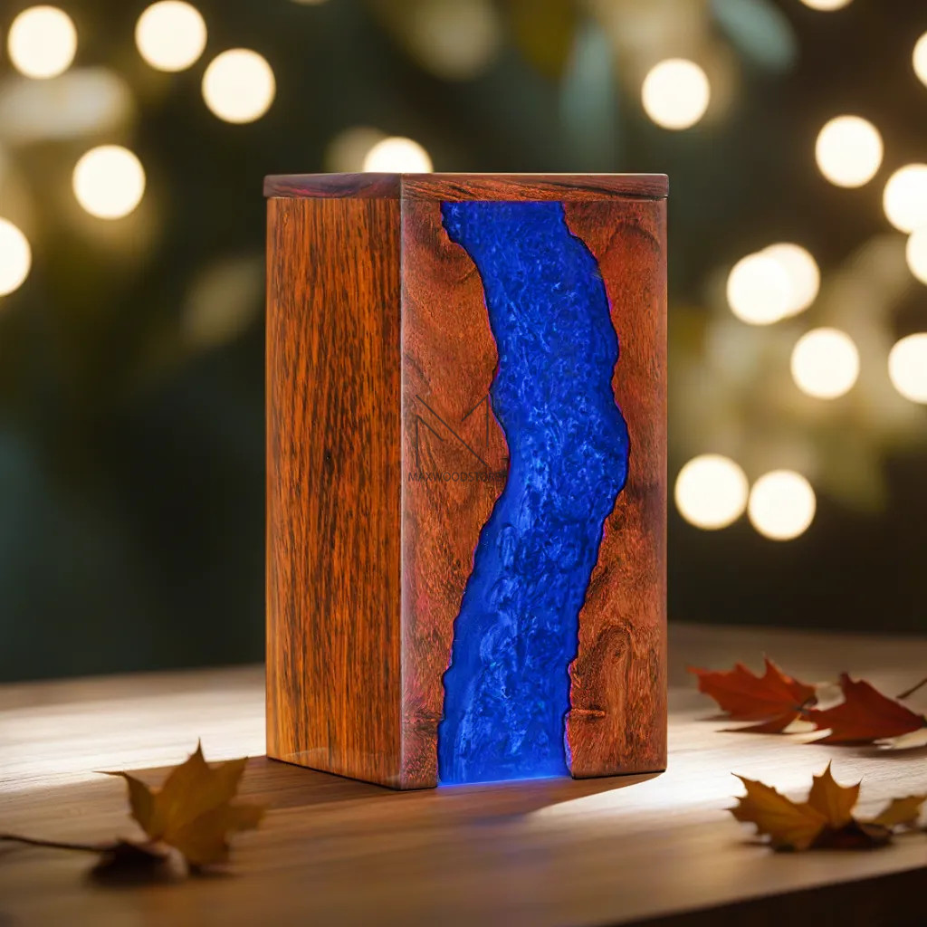 Handcrafted Rosewood and Blue Resin Urn Box – Memorial for Humans Ashes