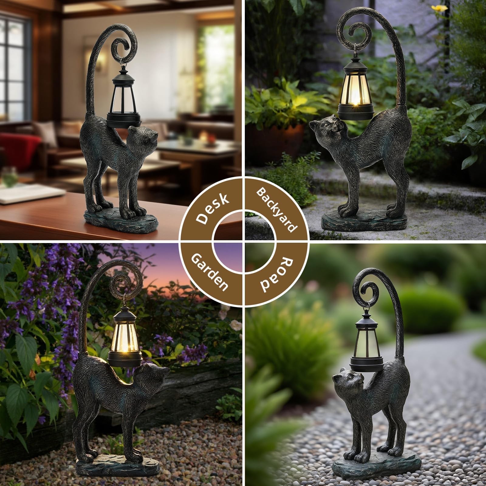 Solar Cat Garden Decor Outdoor Statue – Cat with LED Waterproof Sculptures Li…
