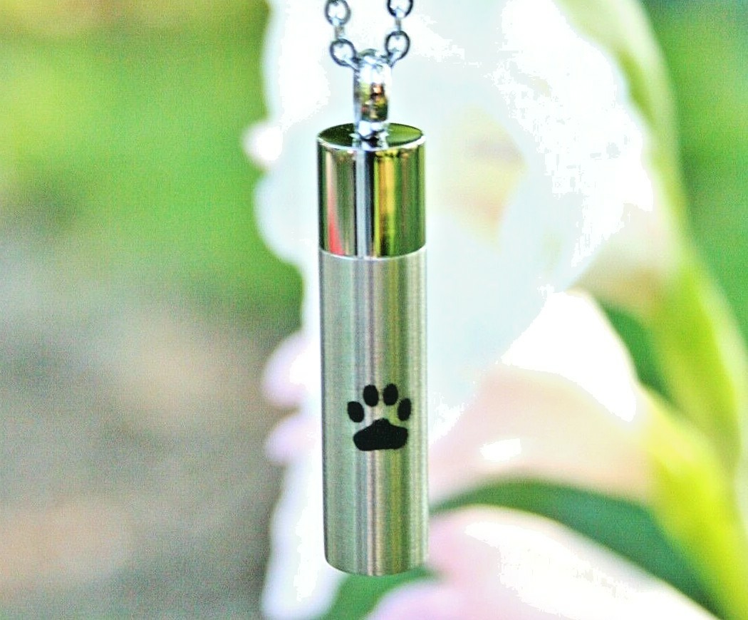Men’s Pet Cremation Necklace Pendant Urn for Ashes LARGE Vial Paw Print Dog Cat