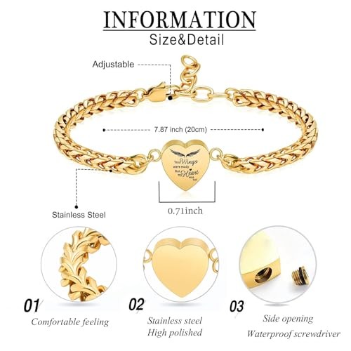 Heart Cremation Memorial Urn Bracelet for Ashes for Women Stainless Steel Gold