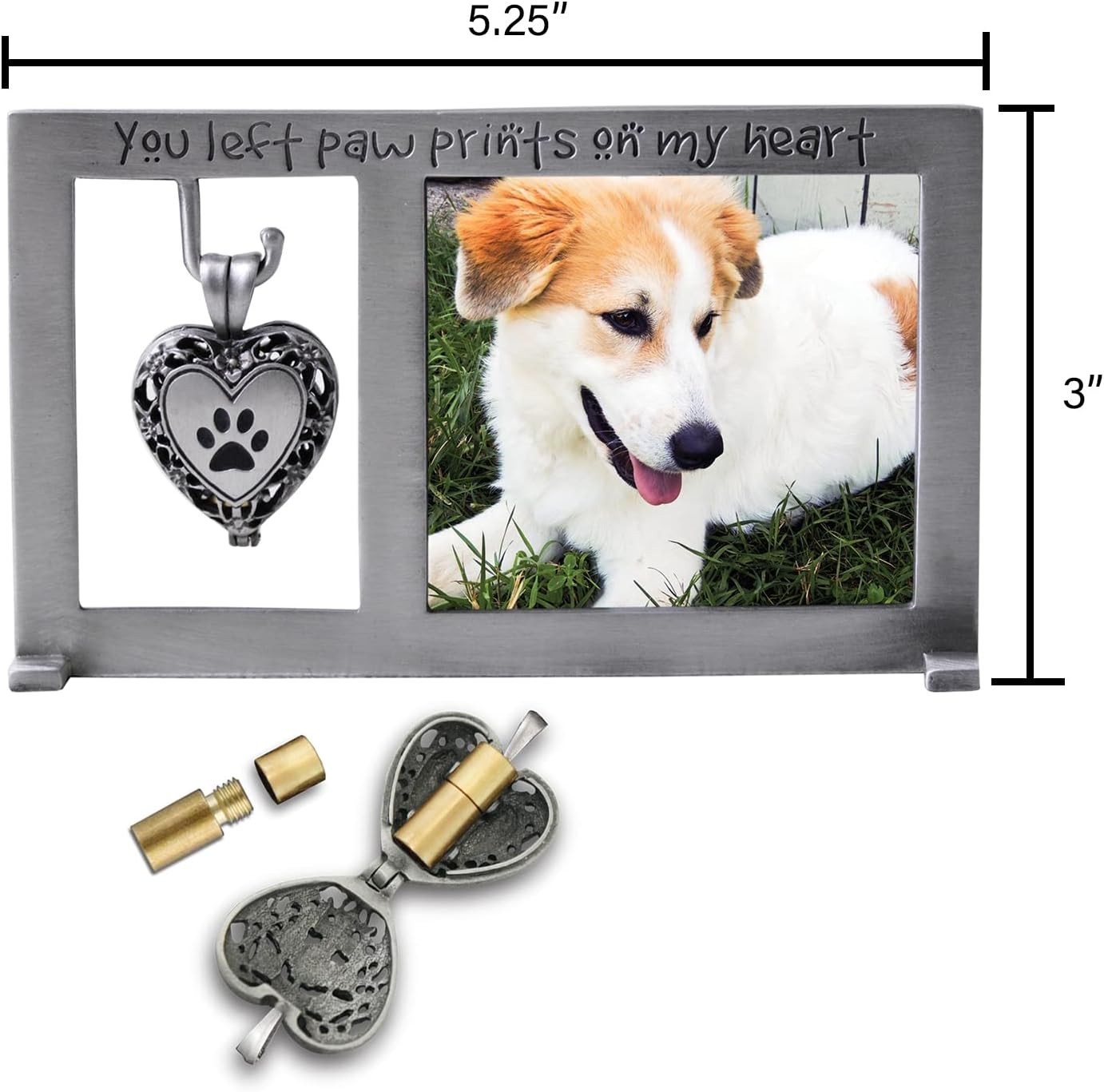Paw Prints on My Heart Pet Memorial Frame with Ash Vial for Keepsakes Silver