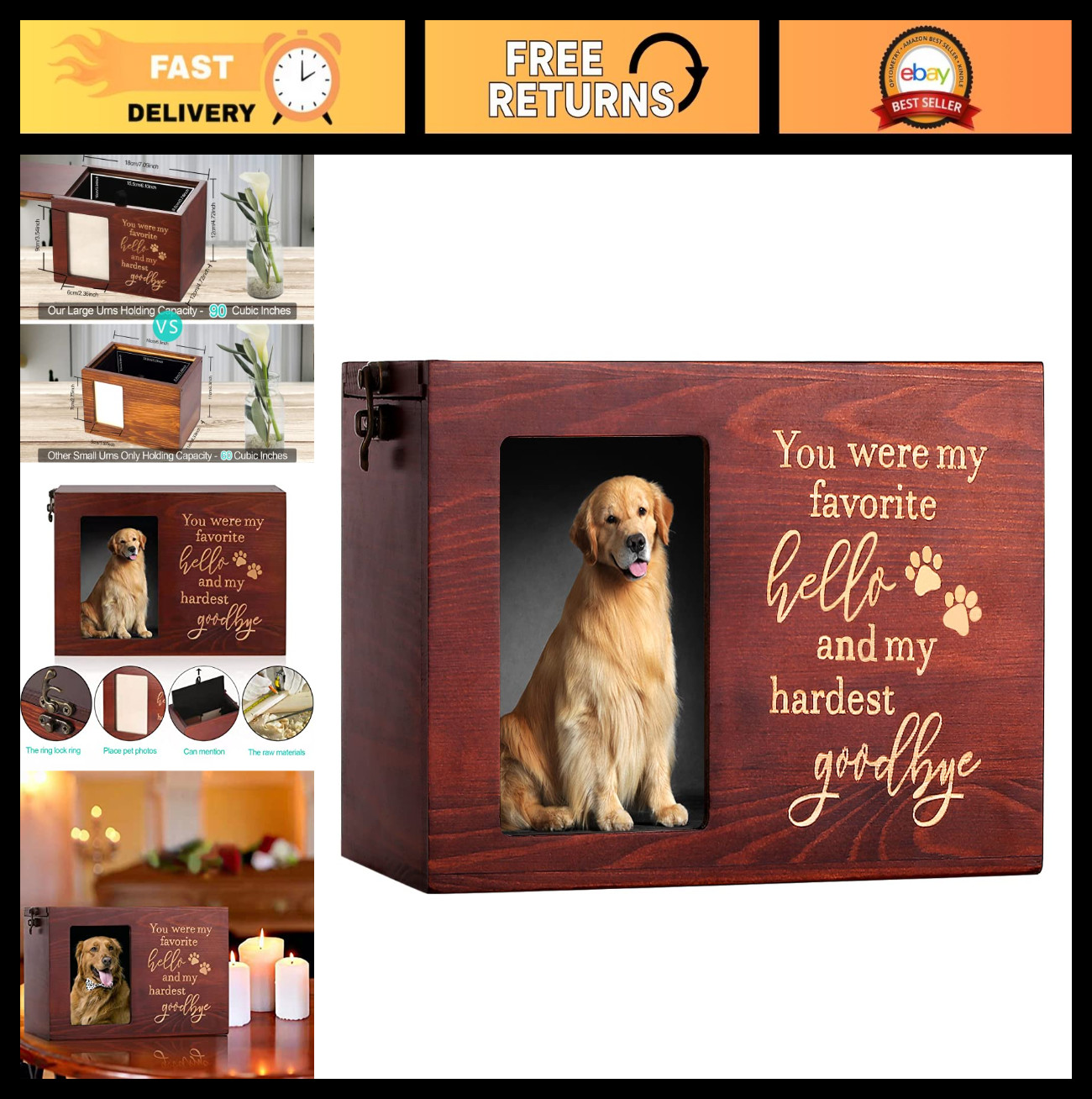 Large Wooden Pet Memorial Urn for Dog or Cat Ashes, Cremation Keepsake Box with