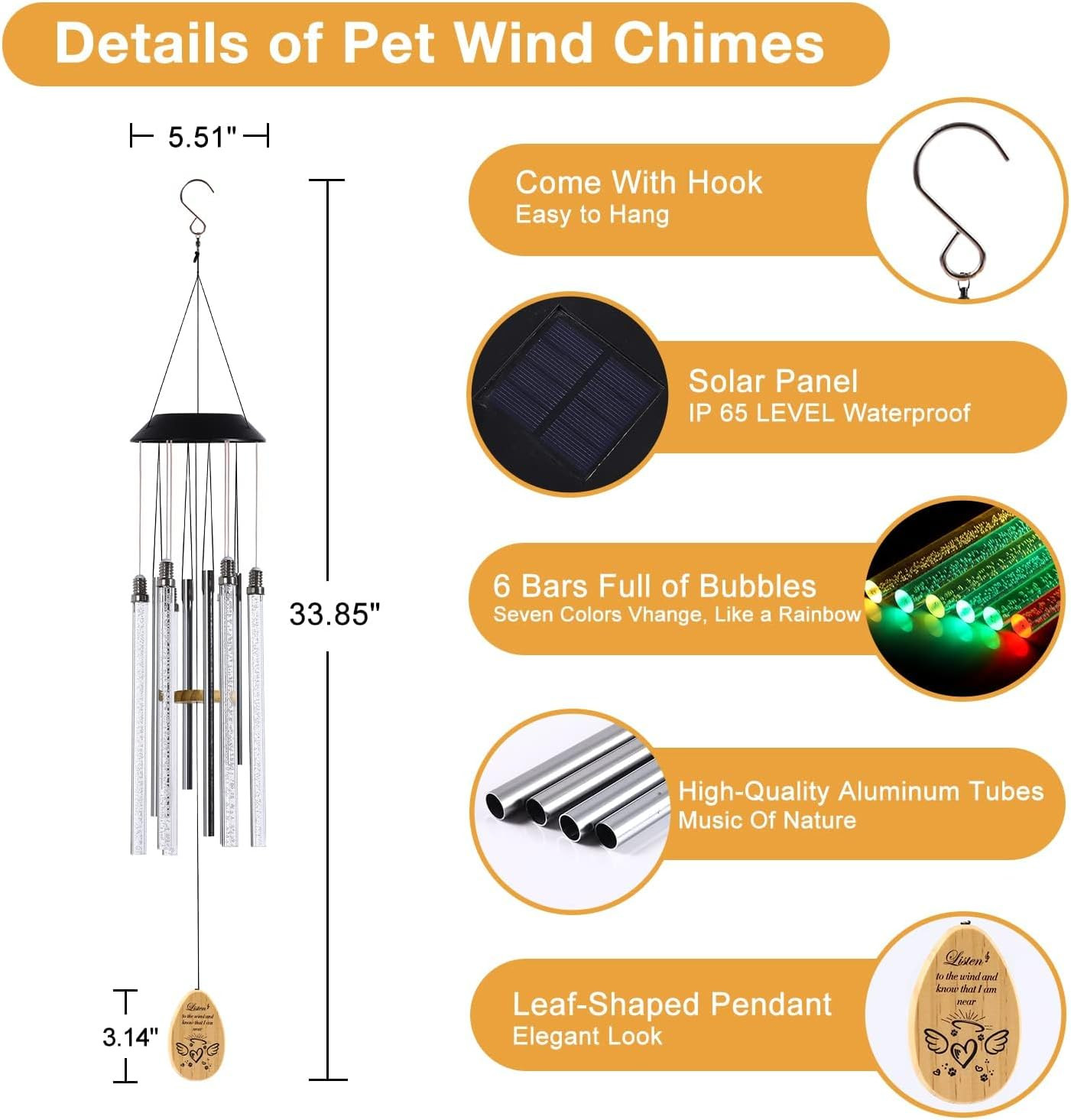 Solar Pet Memorial Wind Chime with Color-Changing LED Tubes, 33 Inches