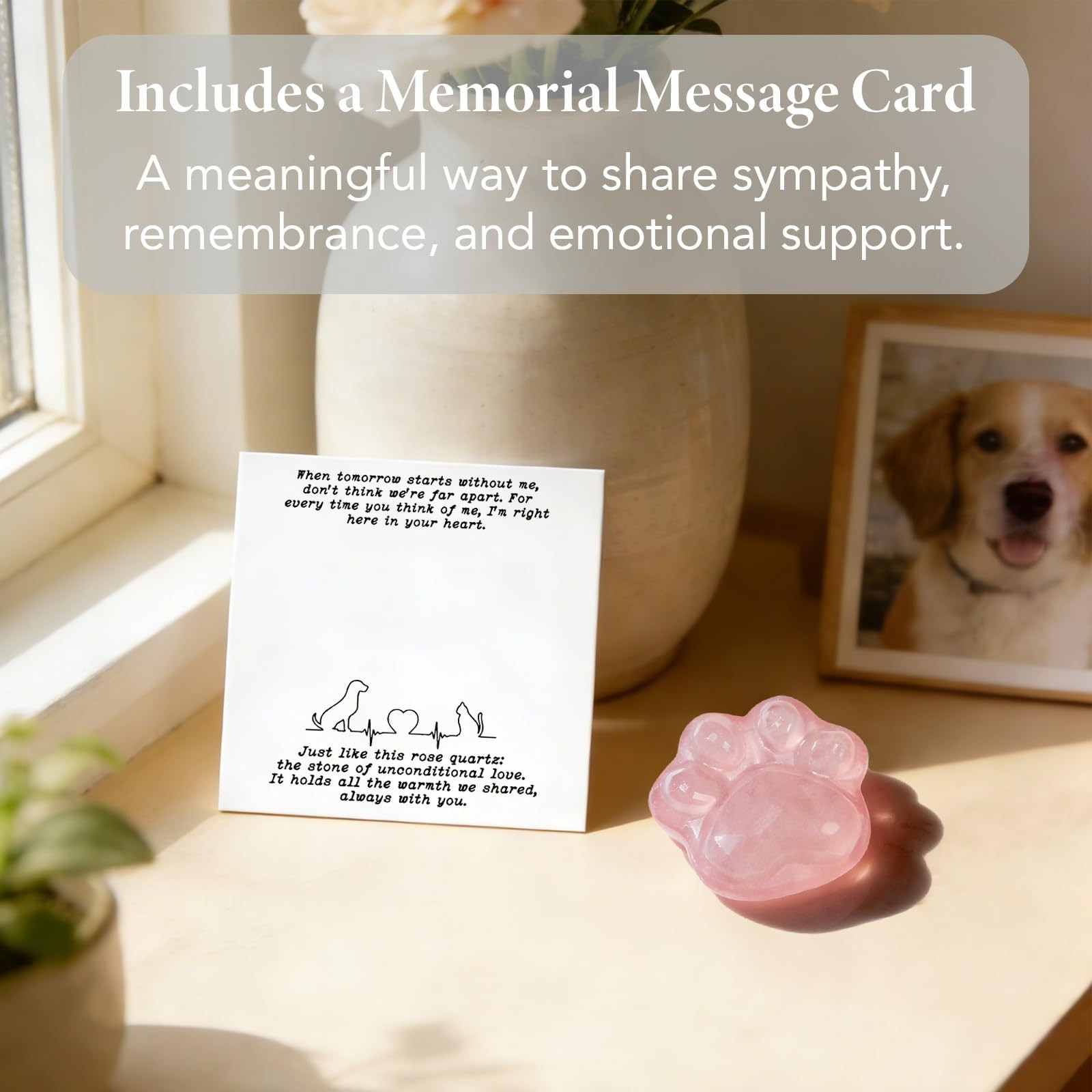 LIMGUVK Pet Loss Sympathy Gift, Rose Quartz Paw Heart Crystal with Pink