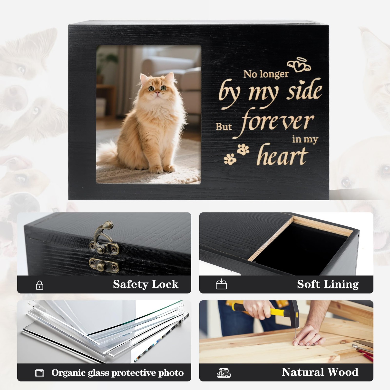 Pet Urns for Cats or Dogs Ashes with Photo Frame, Wooden Memory Box for Keepsake