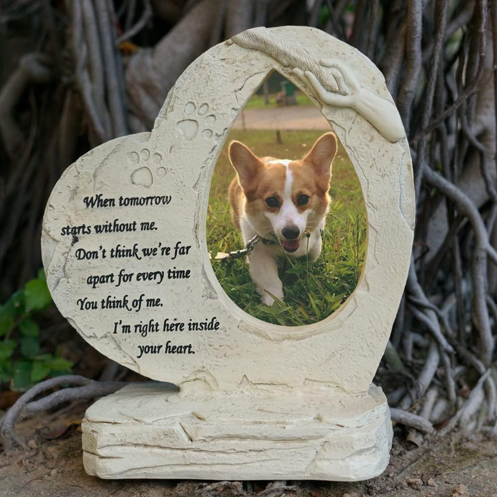 Heart Shaped Pet Dog Memorial Stones with Photo Frame, Pet Dog Headstones Grave