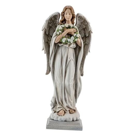 Garden Angel with Flower Wreath Statue – 16″ Outdoor Memorial Angel Decor