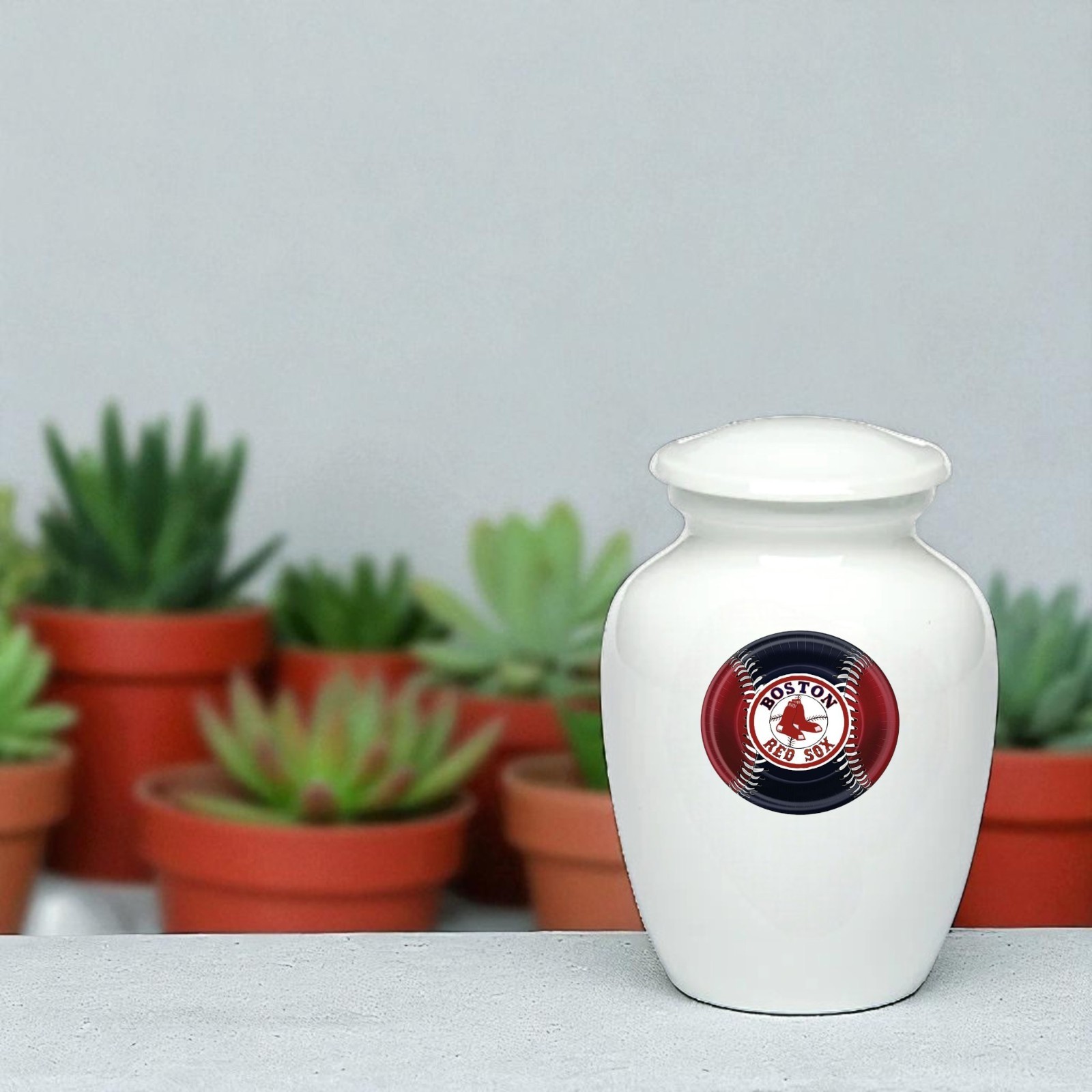 Boston Red Sox Baseball Style Cremation Urn Adult Ashes Metal White Urns 8 Inch